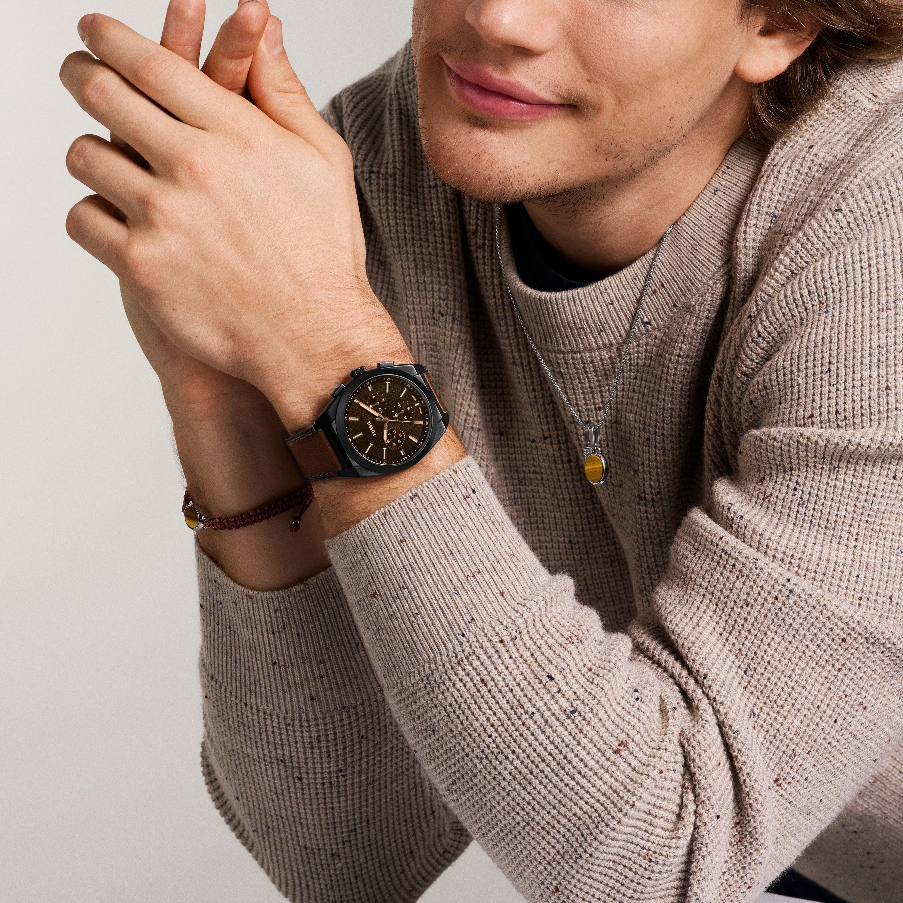 Fossil Chronograph EVERETT FS6108, Quarzuhr, Armbanduhr, Herrenuhr, Lederarmband, analog