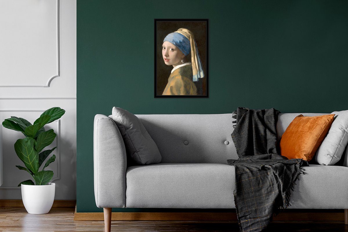 Gemälde Johannes Vermeer, Wandposter, - Das dem (1 Bilder, Poster Mädchen St), Bilderrahmen von Schwarzem Poster, Perlenohrring MuchoWow Wanddeko, Gerahmtes mit
