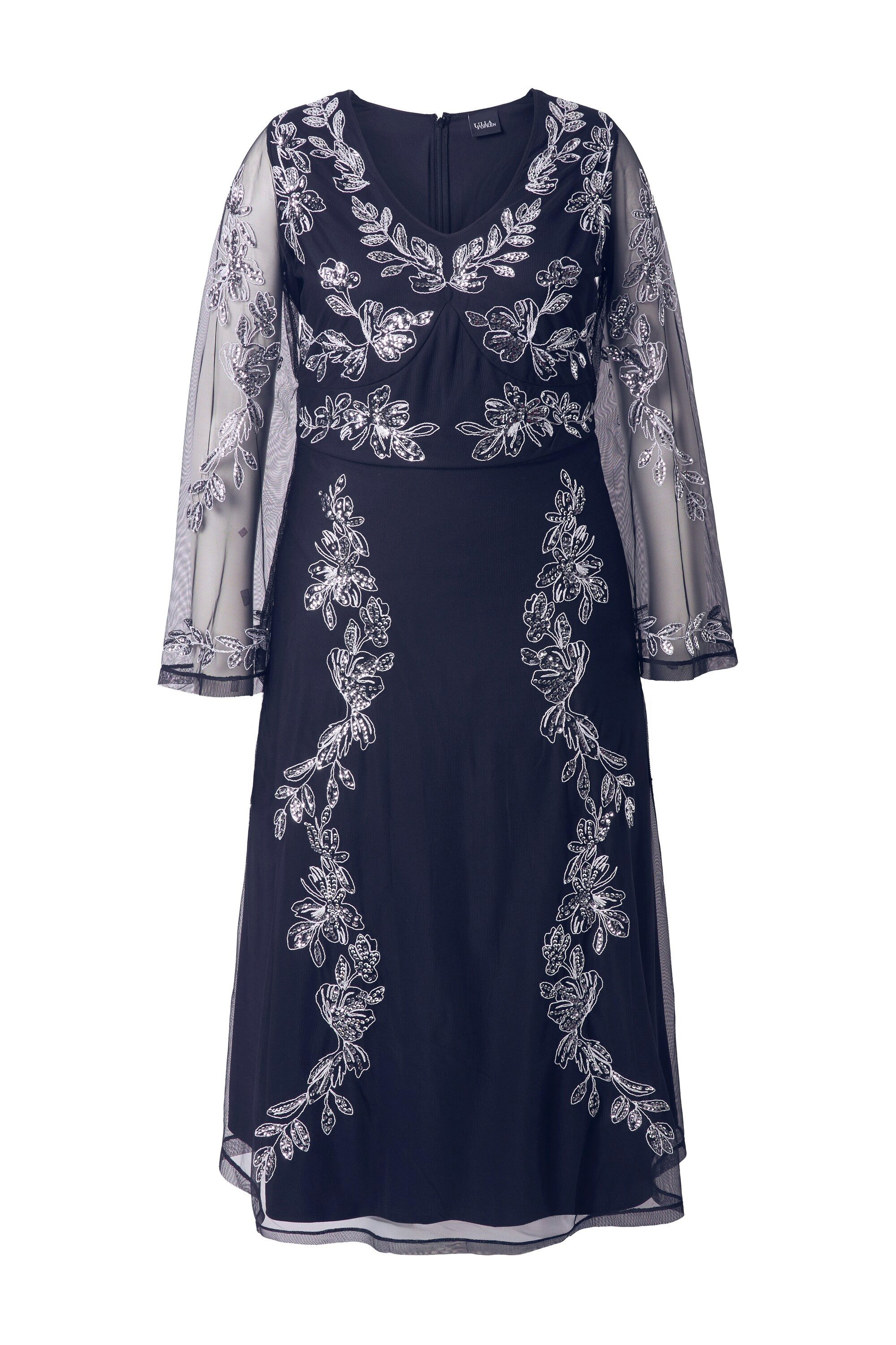 Ulla Popken Maxikleid Abendkleid Stickerei V-Ausschnitt Langarm