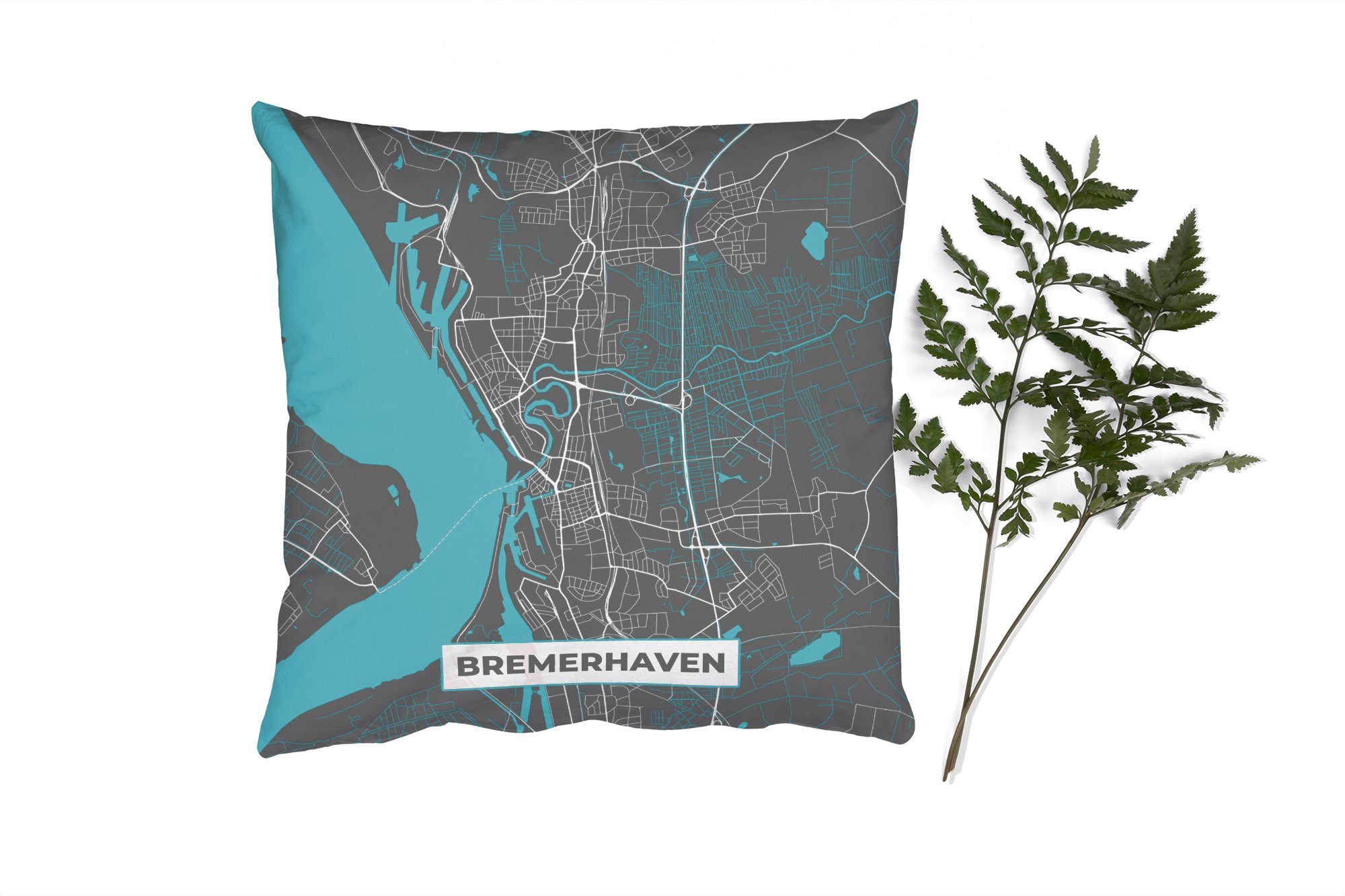 MuchoWow Dekokissen Stadtplan - Bremerhaven - Deutschland - Karte, Zierkissen mit Füllung für Wohzimmer, Schlafzimmer, Deko, Sofakissen