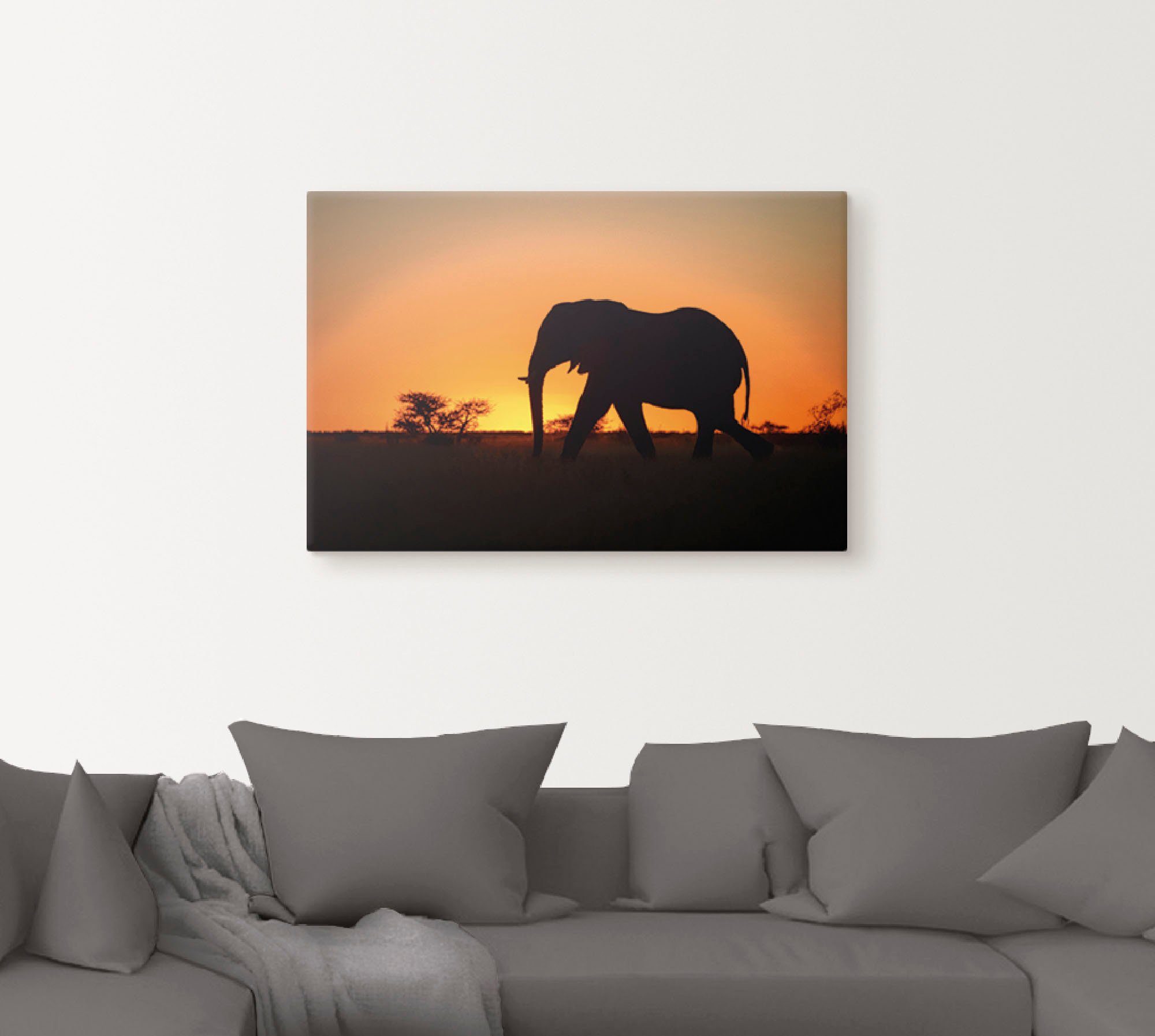 Artland Wandbild (1 Sonnenuntergang, Wandaufkleber Leinwandbild, im in Afrikanischer versch. Größen Elefant oder Wildtiere St), als Alubild, Poster