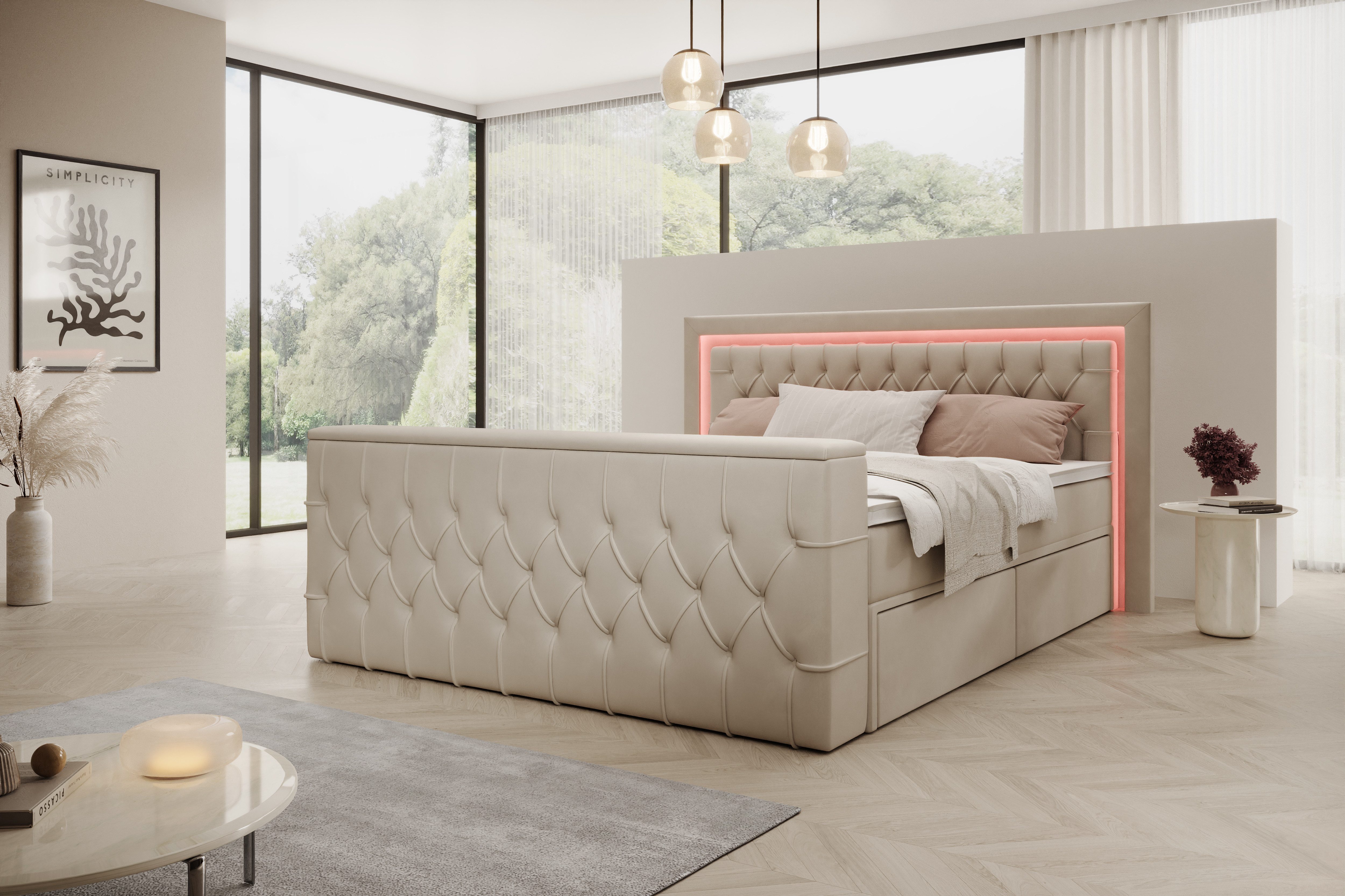 PROMETO Möbel Boxspringbett Doppelbett 180x200 mit Matratze, Schubladen TV-Lift LED Beleuchtung, inkl. 7-Zonen-Taschenfederkernmatratze, TV-Lift im Fußteil, Topper
