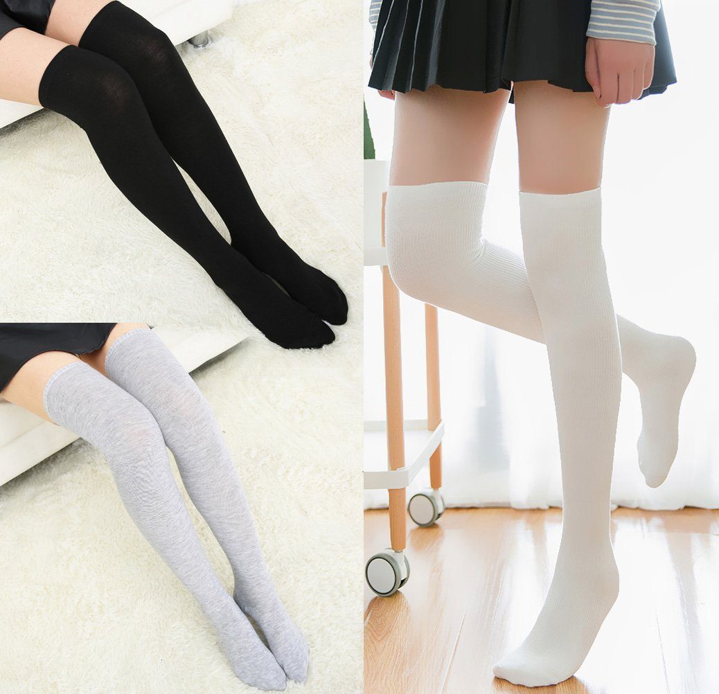 POCHUMIDUU Kniestrümpfe 3 Damen Socks Socken Overknee (3-Paar) Thigh Kniestrümpfe Gestreifte Paar Strümpfe Lange High Mädchen