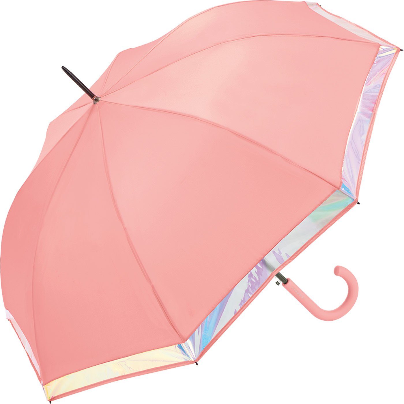 Esprit Langregenschirm mit groß Damen schimmernder Shiny und mit Border, stabil, Borte lachs Regenschirm Automatik