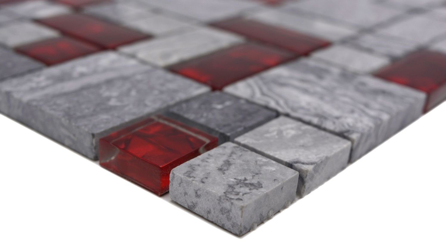 Set, 10-teilig, Naturstein mit Glasmosaik rot Küchenwand, Fliesenspiegel grau glänzend, Mosani 0,9m² Mosaikfliesen