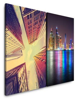 Sinus Art Leinwandbild 2 Bilder je 60x90cm New York Dubai Wolkenkratzer Skyline Architektur Nacht Mega City