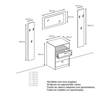 Vladon Garderoben-Set Pino, (Garderobenset bestehend aus 1 Kommode, 1 Wandspiegel und 2 Garderobenpaneele), Weiß matt (ca. 135 x 190 x 36 cm)