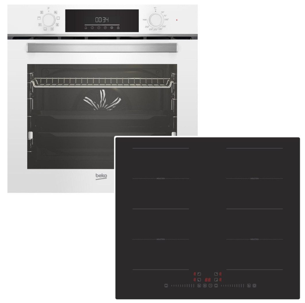 BEKO Backofen-Set Teleskopauszug SteamShine weiss + PKM Induktionsfeld Booster Flex, mit 1-fach Teilauszug, Steam Clean