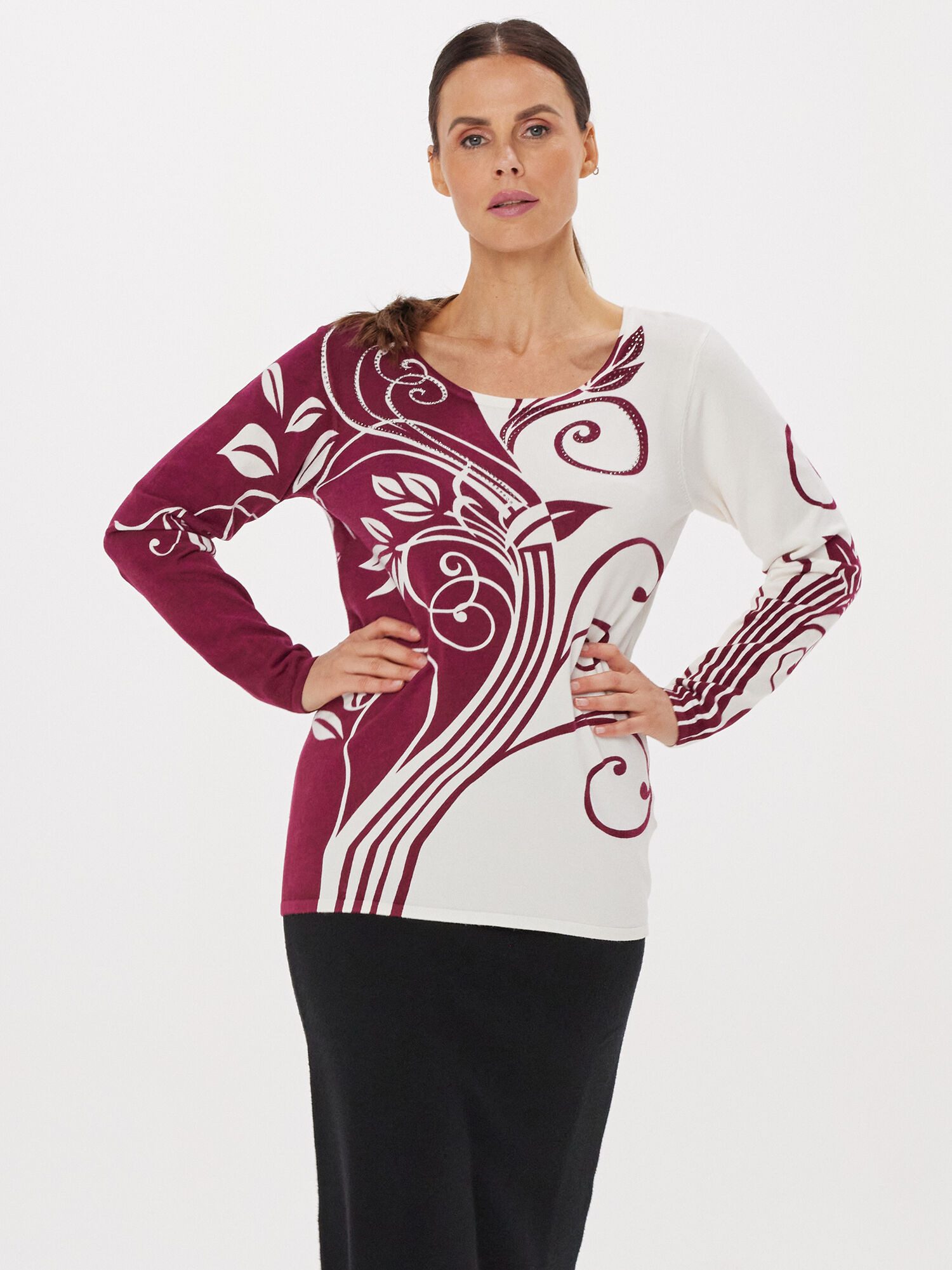 PUNTO & FILO Strickpullover Feinstrick-Pullover mit Rankendruck figurbetont Beere-Weiß Farbkontrast, Schmuckstein-Ranken, edler Viskose-Mix