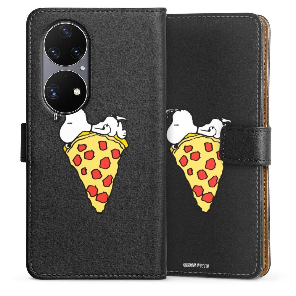 DeinDesign Handyhülle Peanuts Pizza Snoopy Snoopy Pizza Transparent, Huawei P50 Pro Hülle Flip Case Klapphülle Handytasche Leder