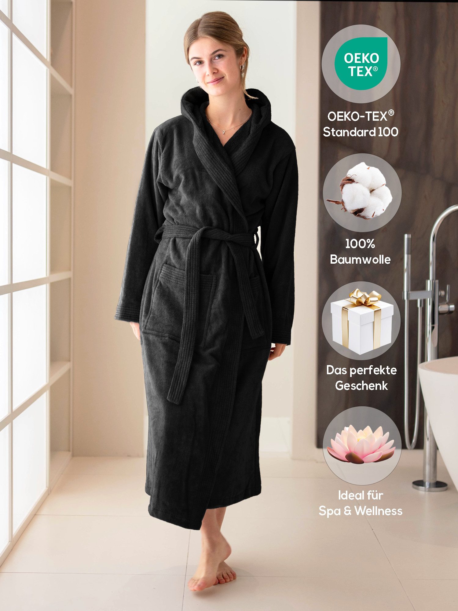 SIEGENTHAL Damenbademantel SIEGENTHAL® Damen Bademantel Frottee Velour Kapuze Weich Wellness Spa, Kapuze, Bindegürtel