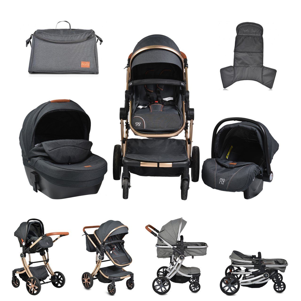 Moni Kombi-Kinderwagen Kinderwagen Polly 3 in 1, Babyschale, Babywanne, Sportsitz, klappbar, Tasche