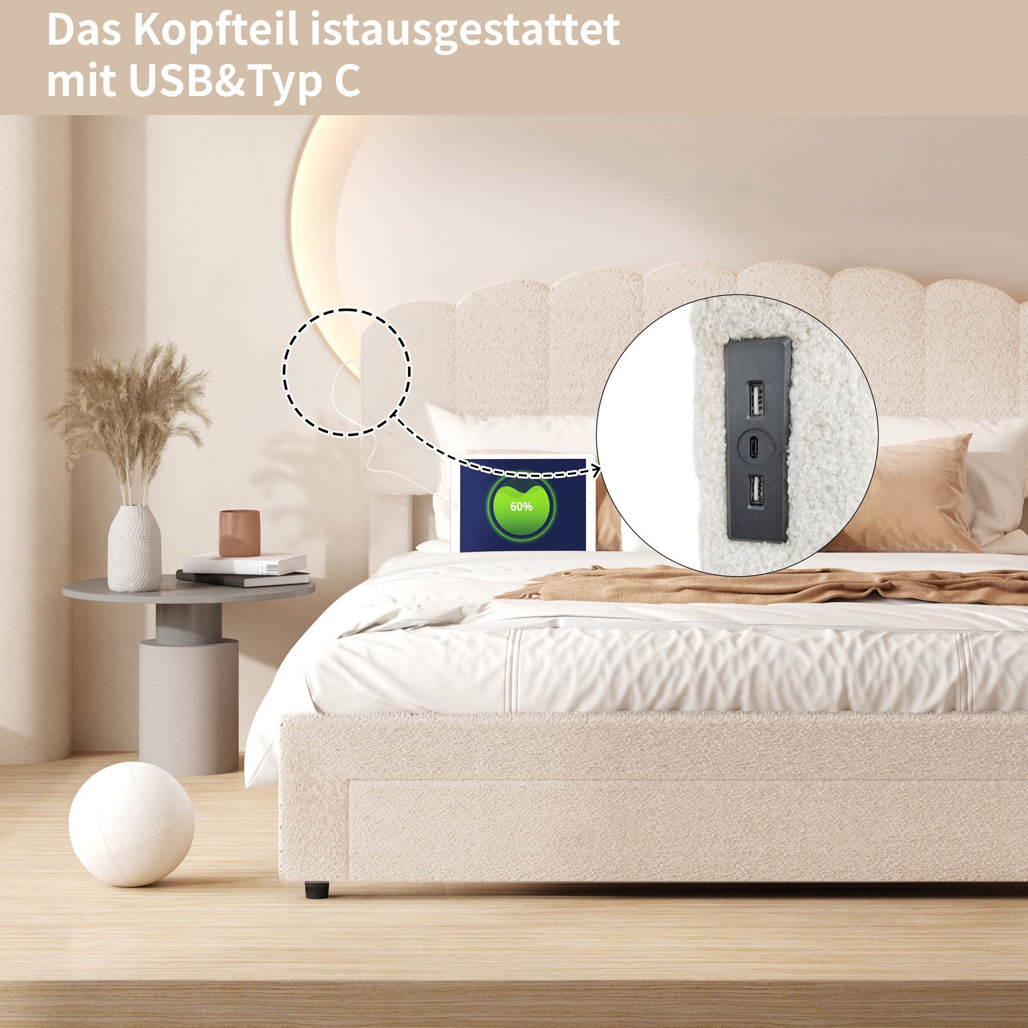 Simurq Polsterbett bett 140x200 cm mit Schublade,USB & Type-C,höhenverstellbares Kopfteil (2 Pakete,belastbar bis 250 kg, Stauraumbett 140x200 cm in Cremeweiß m – Bild 5 von 5