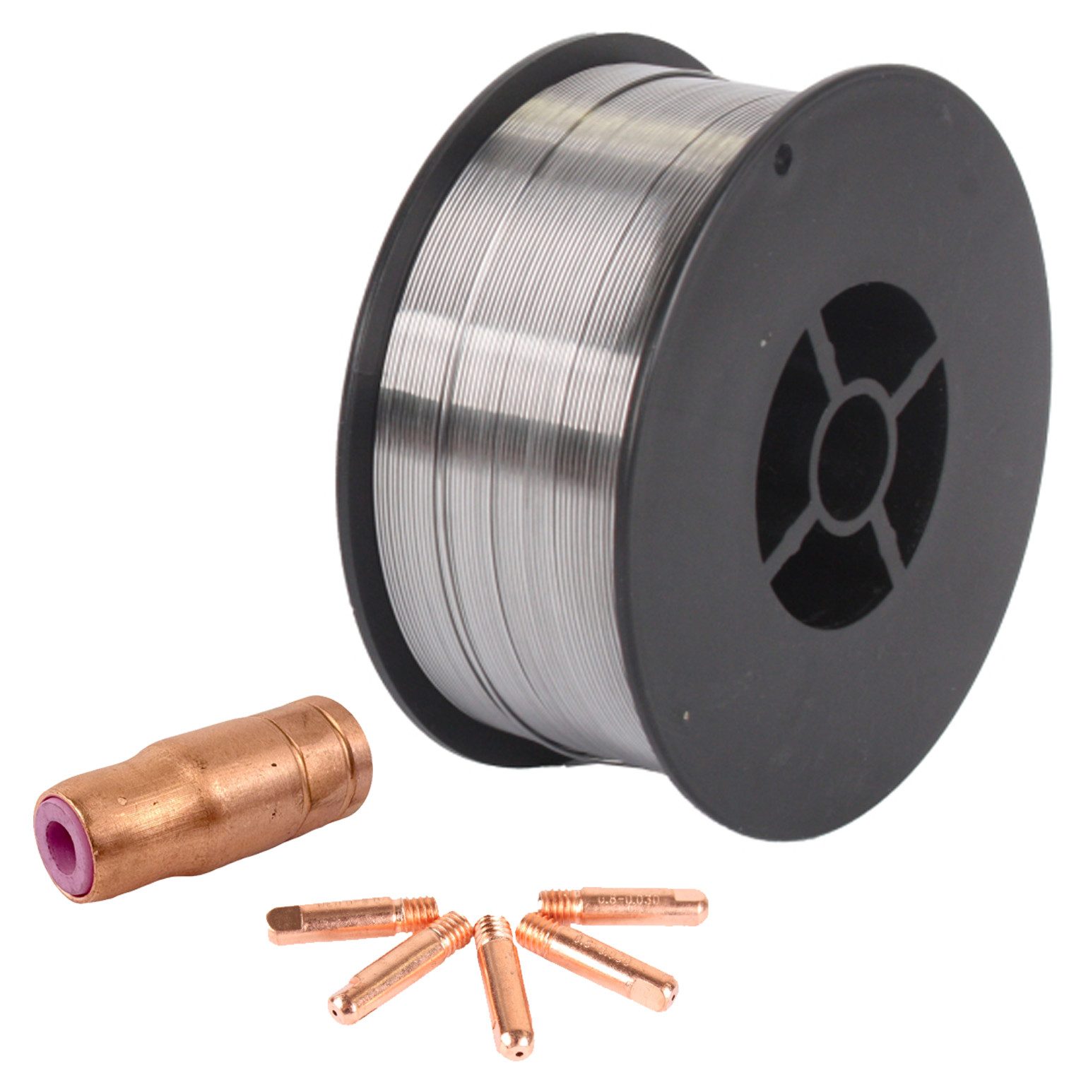 WELDINGER Schweißdraht Edelstahl Fülldraht 0,8 mm 1 kg V2A Gasdüse, 5x Stromdüsen MB15, selbstschützend