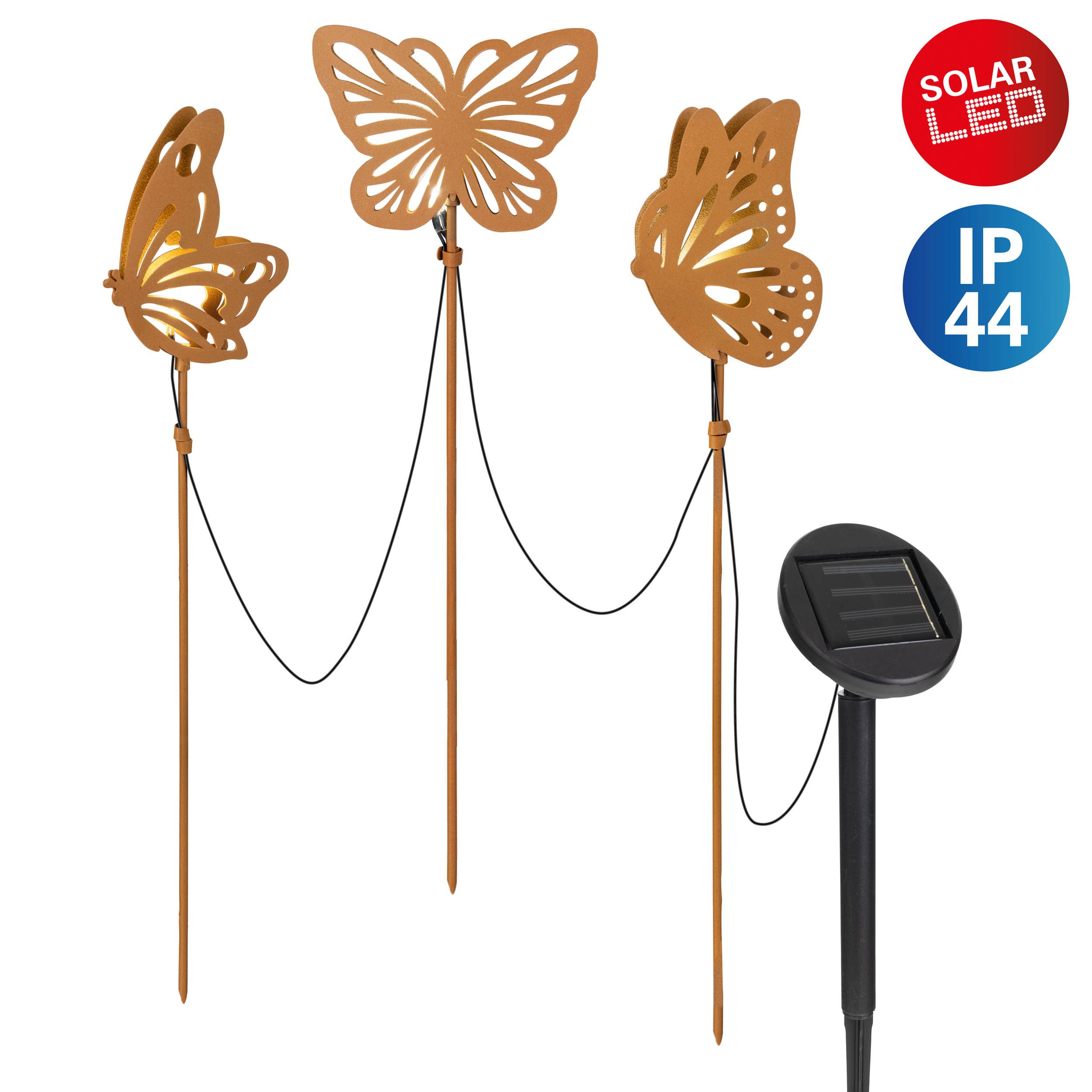 näve LED Solarleuchte Butterfly, LED fest integriert, Warmweiß, 3tlg. Dekoleuchte Schmetterling, braun, Lichtfarbe warmweiß, H: 52cm