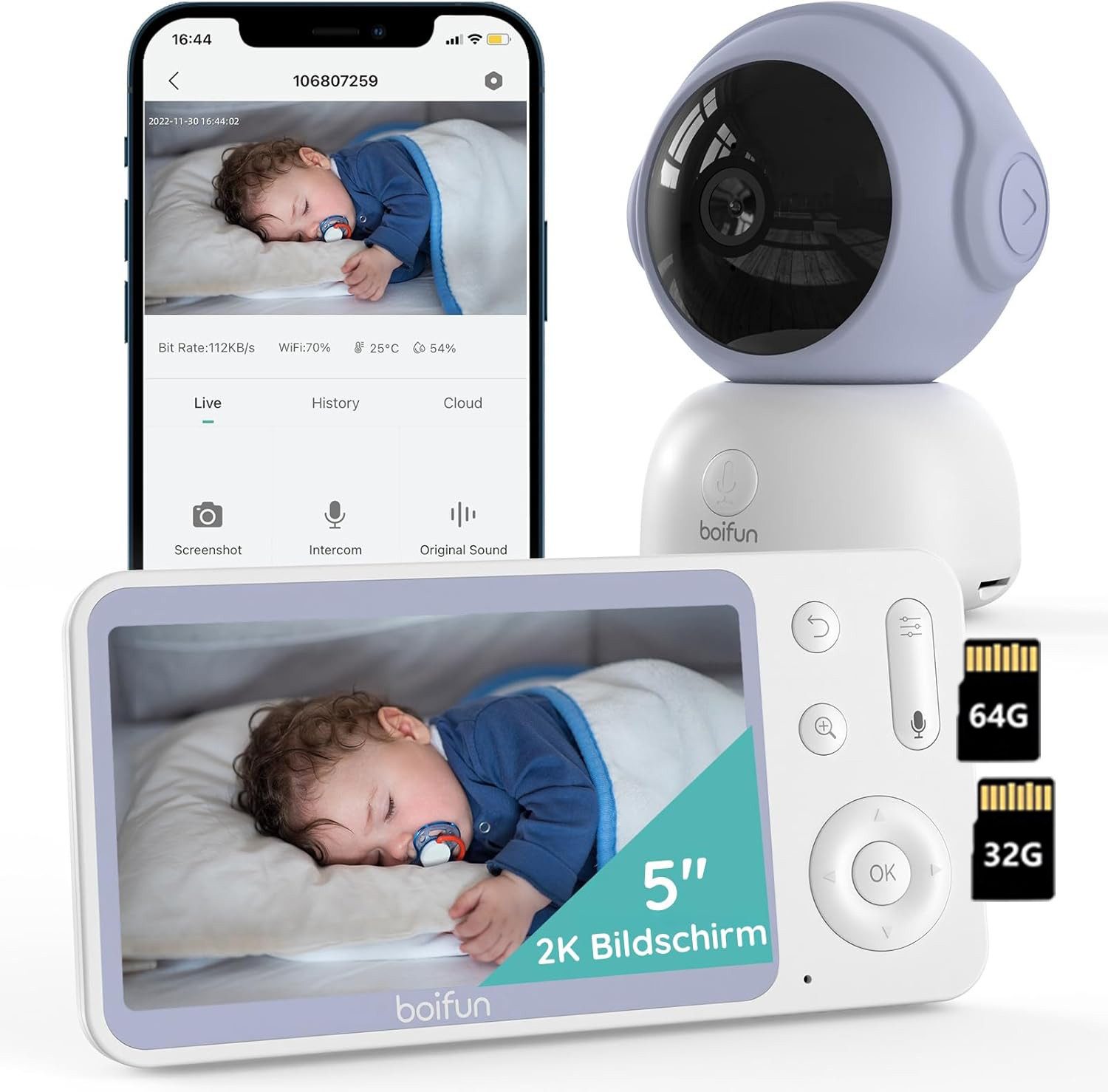 Video-Babyphone Babyphone 720P mit Kamera 5 Zoll Baby Monitor