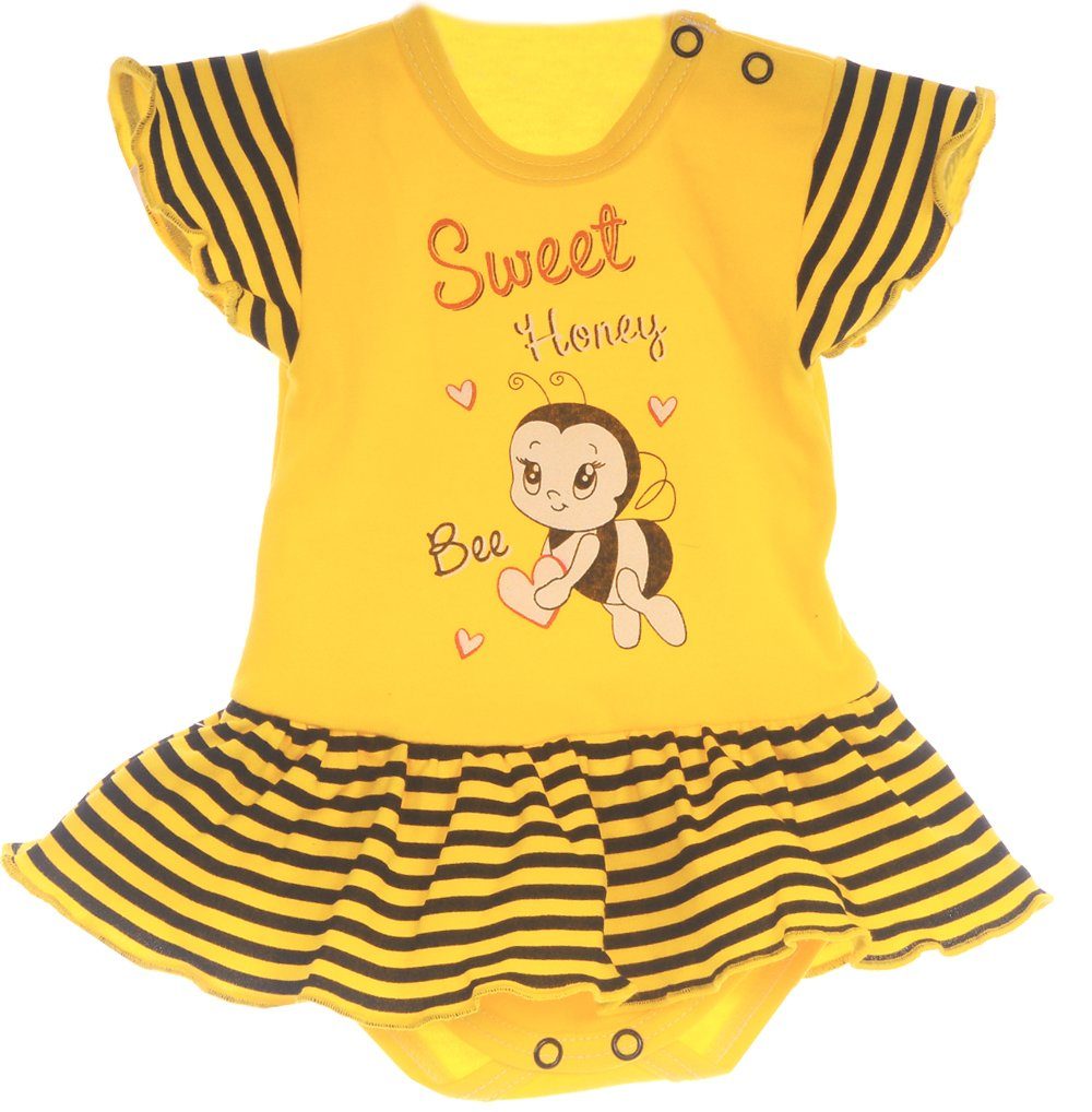 La Bortini Spieler Baby Bodykleid kurzer Strampler in Gelb gestreift mit Biene aus reiner Baumwolle, 44 50 56 62 68 74 80 86