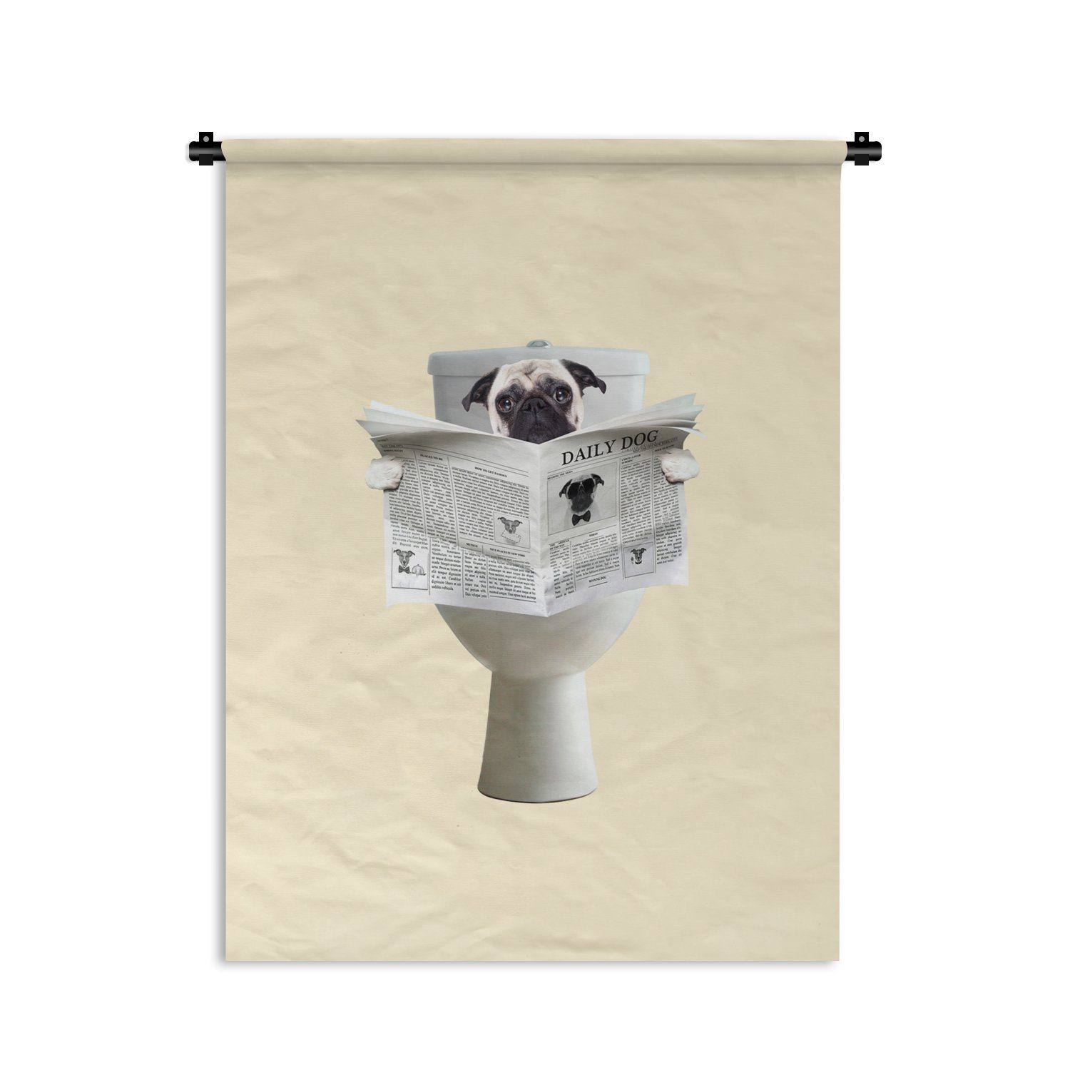 MuchoWow Wanddekoobjekt Hund - Mops - Toilette - Zeitung - Tier, Deko für an der Wand, Wohnzimmer, Tapisserie, Schlafzimmer