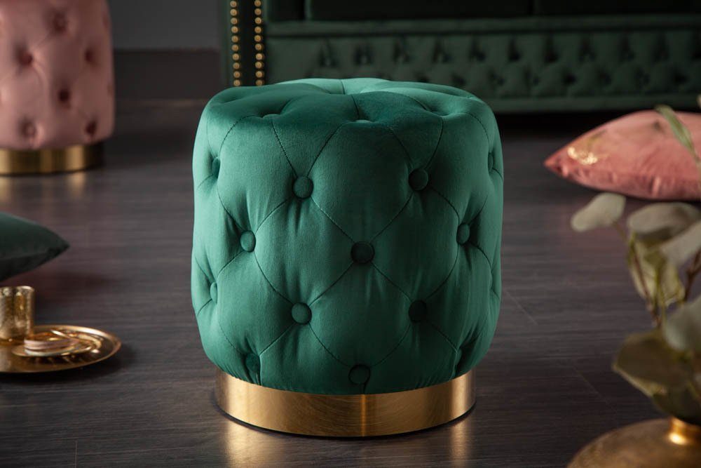 riess-ambiente Sitzhocker MODERN BAROCK 37cm dunkelgrün / gold, Hocker · Samt · Metall · Chesterfield-Design