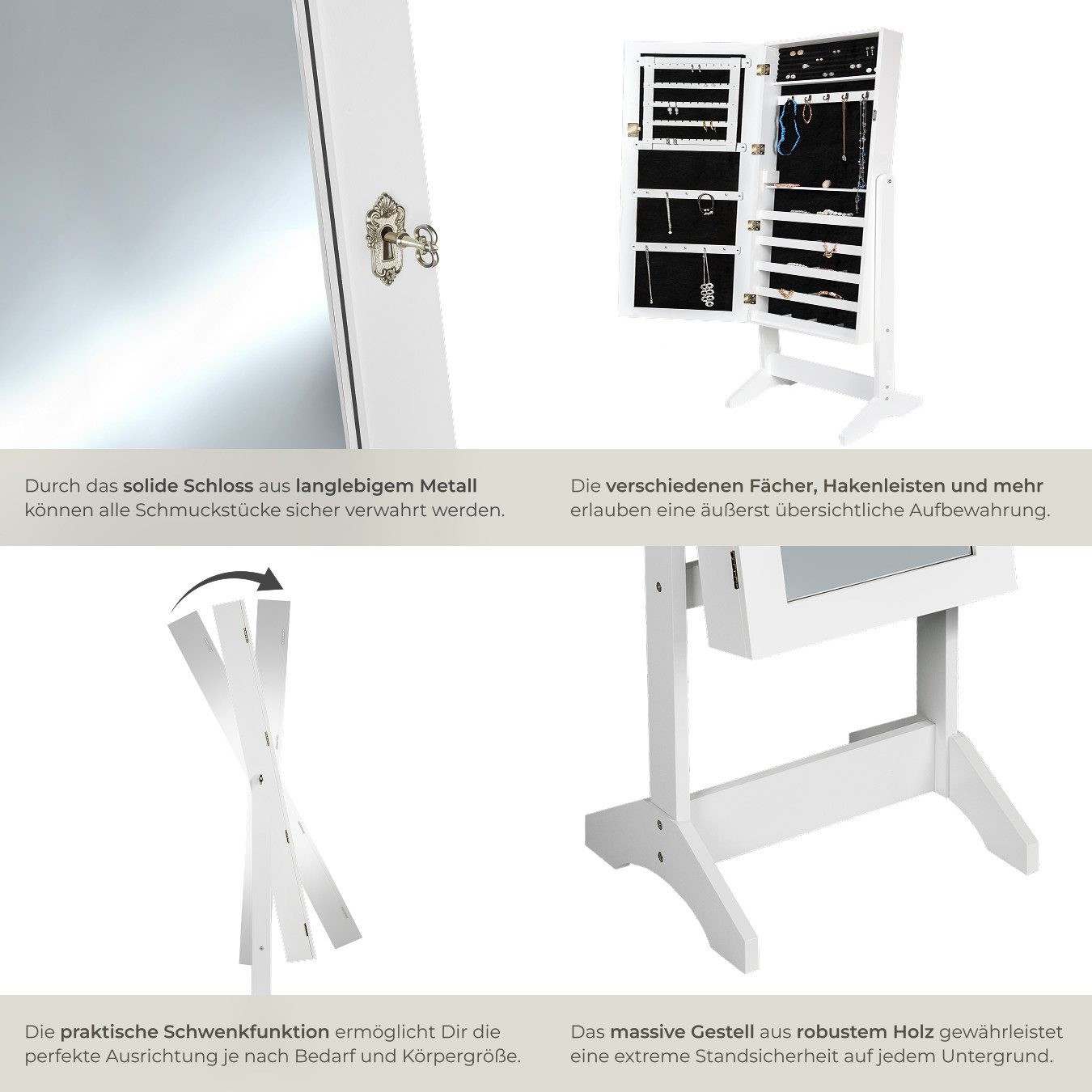 tectake Standspiegel Schmuckschrank mit Ganzkörperspiegel, mit Flocksamtauskleidung (Schmuckständer, in weiß), aufgeteilter Innenraum mit Haken, Schlitzen und L – Bild 5 von 5