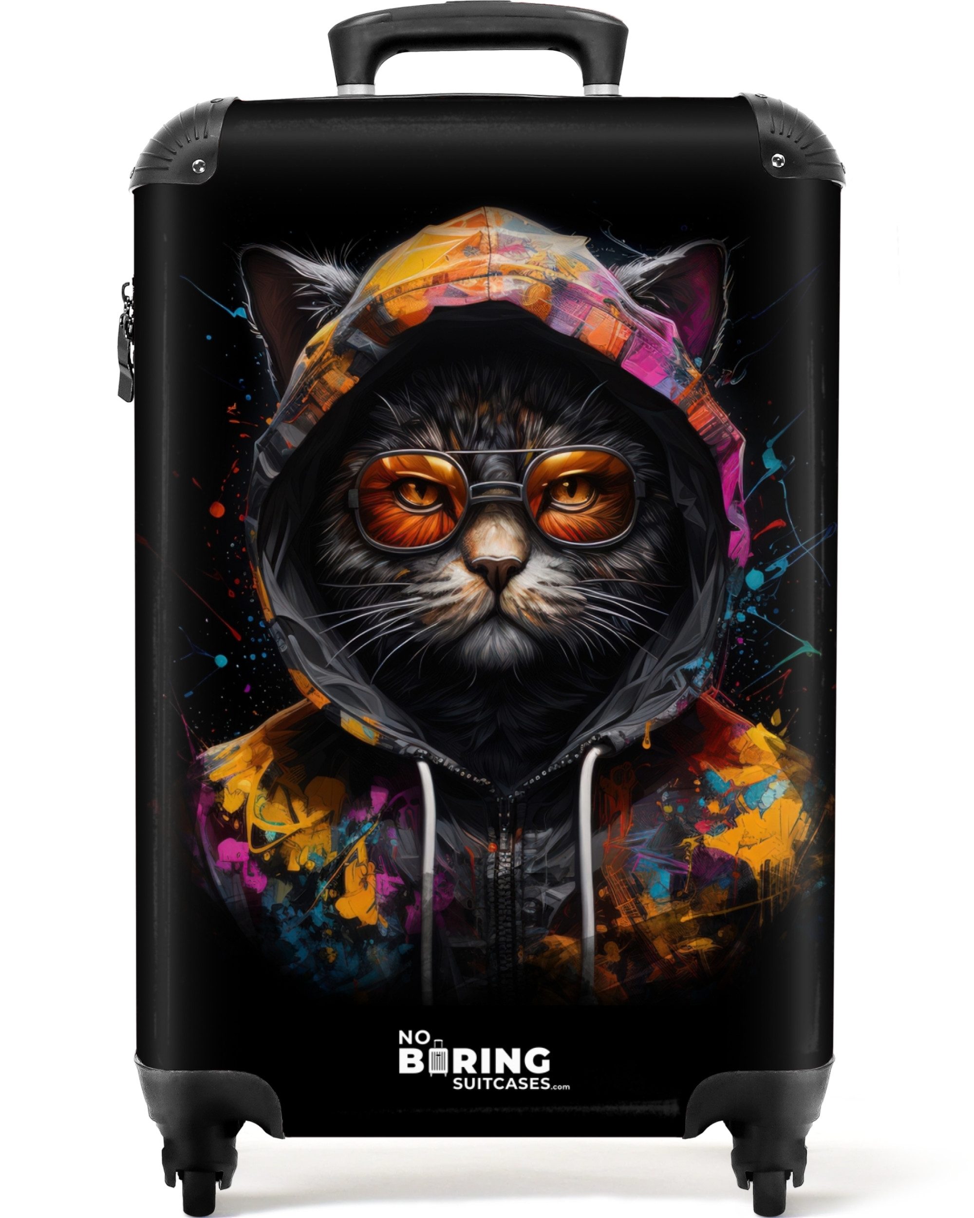 NoBoringSuitcases.com© Hartschalen-Trolley Katze mit bunter Weste und orangefarbener Brille 55x35x20cm, Reisetasche mit Rollen, Koffer Handgepäck Flugzeug