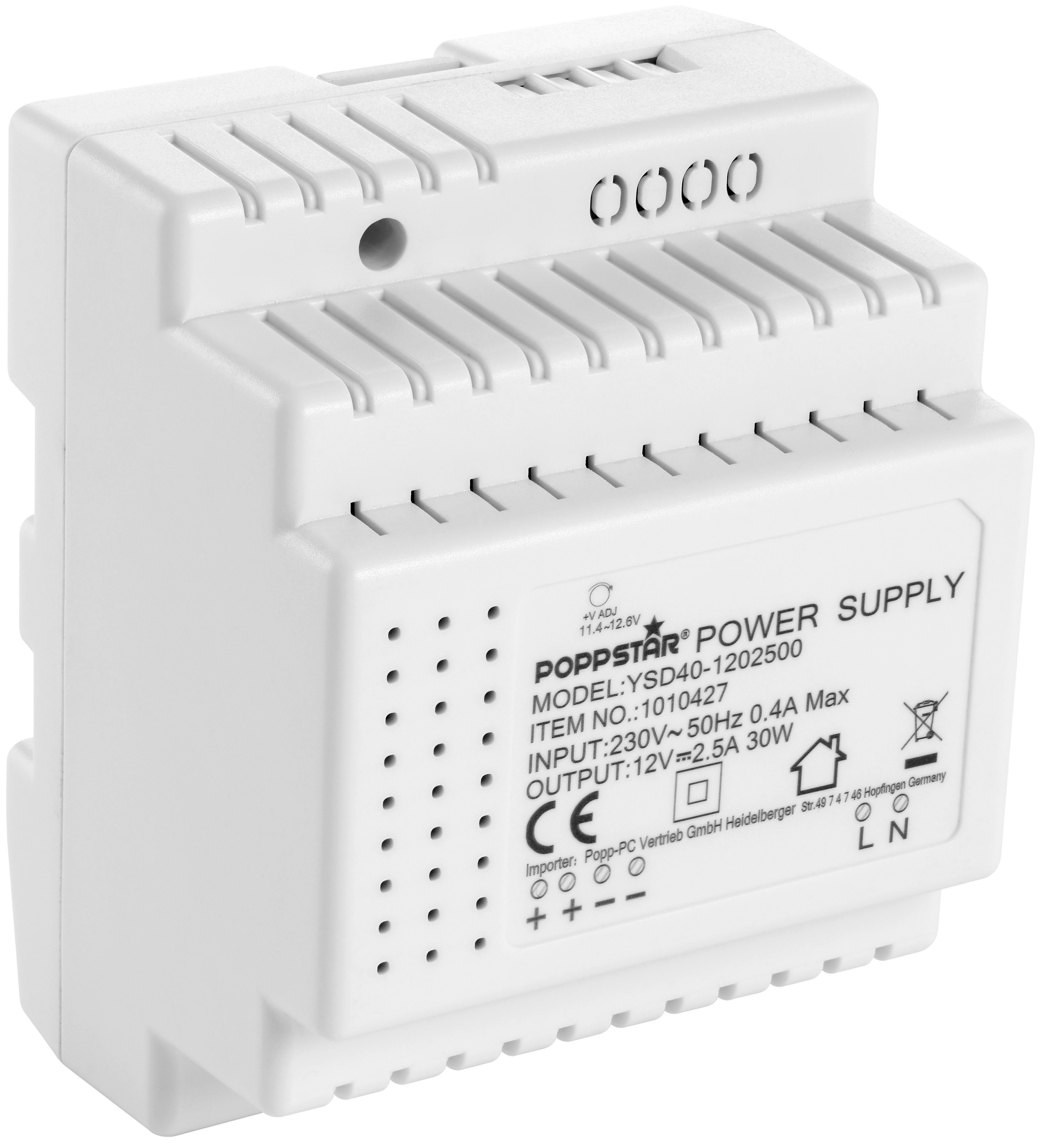 Poppstar DIN Rail Netzteil mit Input 100-240V AC, Output 12V DC 2,5 A 30W Hutschienen-Netzteil (Netzteil für Hutschiene 12V / Trafo für Hutschienen 78*92*61mm)