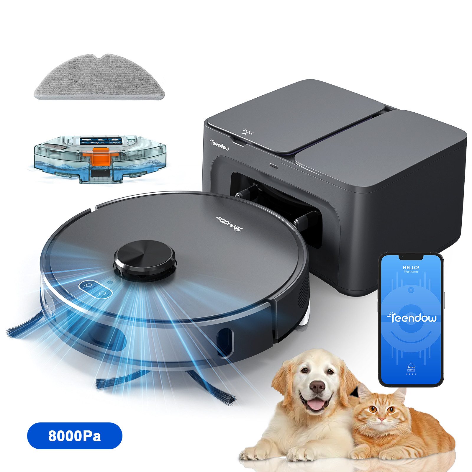 Teendow Saugroboter Saugroboter mit Wischfunktion, LIDAR-Navigation, Leise, 850 W, mit Beutel, 4 Leistungsstufen, App-Steuerung, 3D-Strukturlicht, 3 Wasserstufen