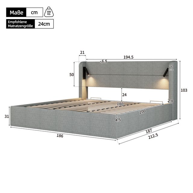 Flieks Polsterbett, Hydraulisches Stauraumbett mit Leselampe und USB-Auflad günstig online kaufen