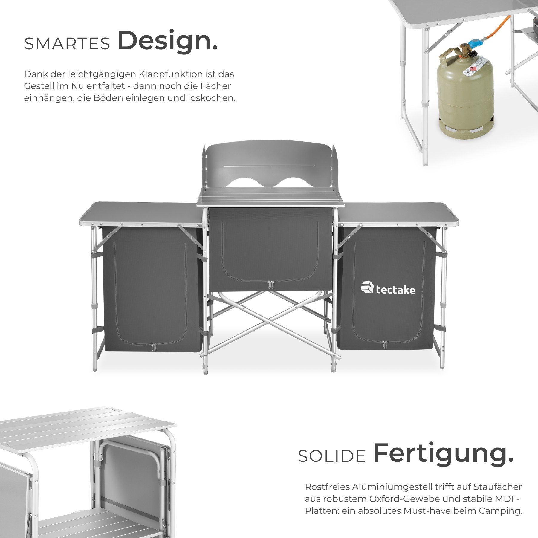 tectake Campingtisch Campingküche XXL mit Aluminiumgestell und 5 Fächern (Outdoor küchenausstattung, 1-St., 1 tlg), Vielseitige Aufbauküche mit Aluminiumgestell
