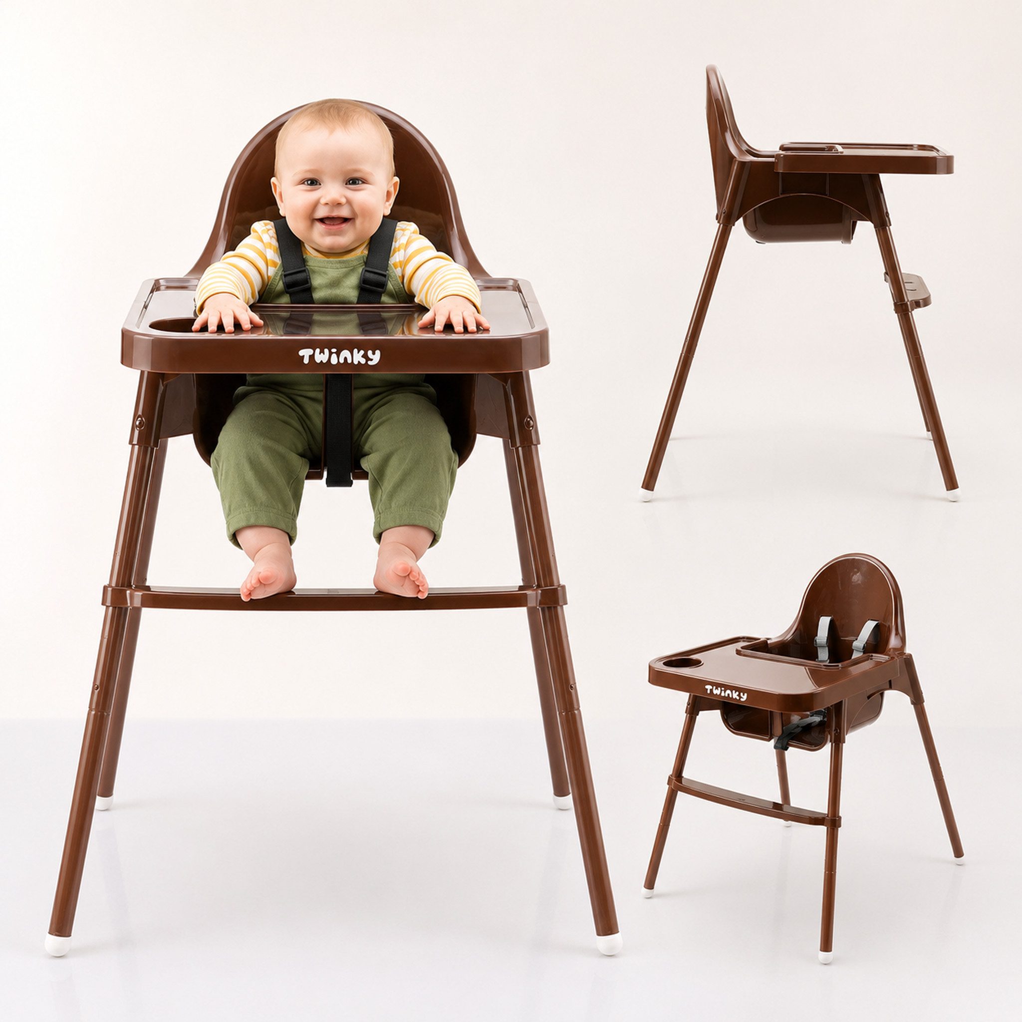 TWINKY Kinderstuhl Baby Hochstuhl, Höhenverstellbar, Kinder-Esstuhl​ (Set), Spielset mit Ledersitzkissen und Rädern