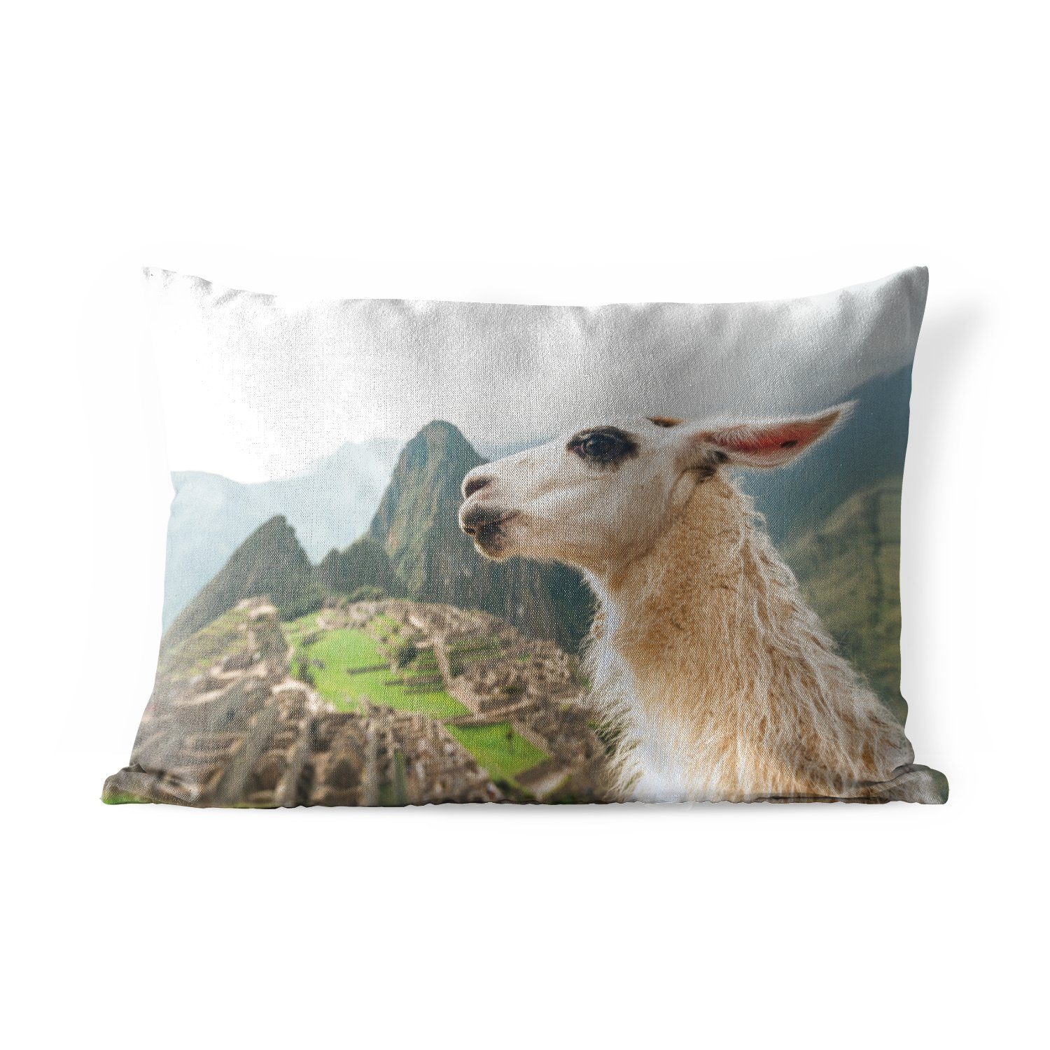 MuchoWow Dekokissen Lama - Machu Picchu - Weiß, Outdoor-Dekorationskissen, Polyester, Dekokissenbezug, Kissenhülle