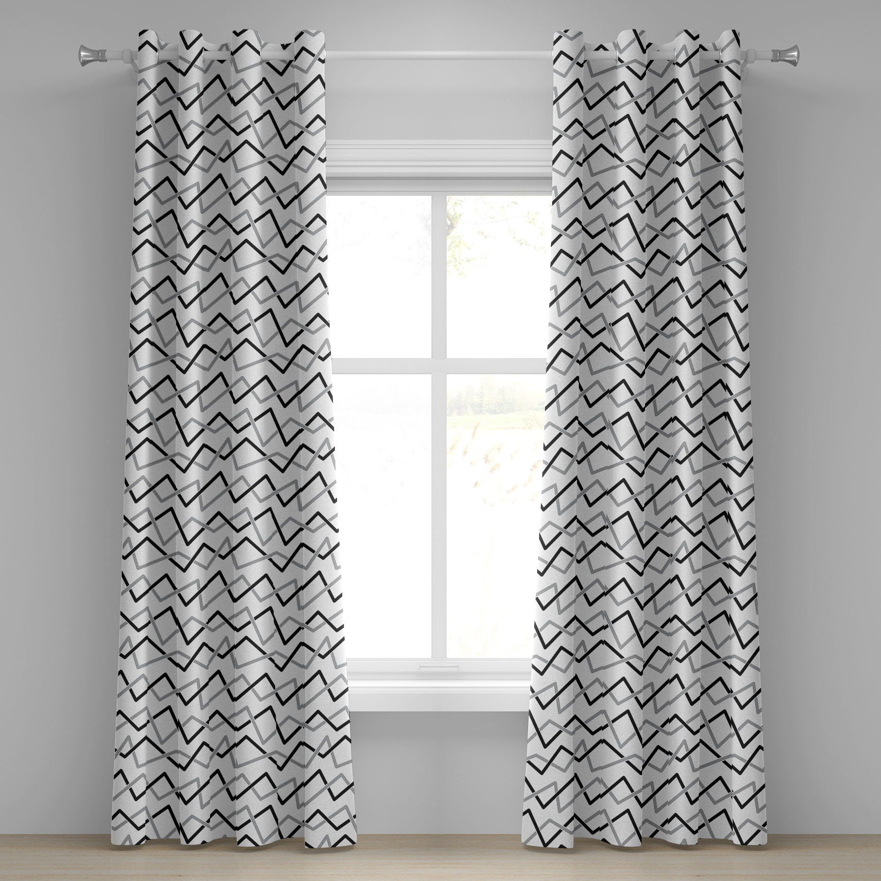 Gardine Dekorative 2-Panel-Fenstervorhänge für Schlafzimmer Wohnzimmer, Abakuhaus, Schwarz und Grau abgewinkelt Stripes