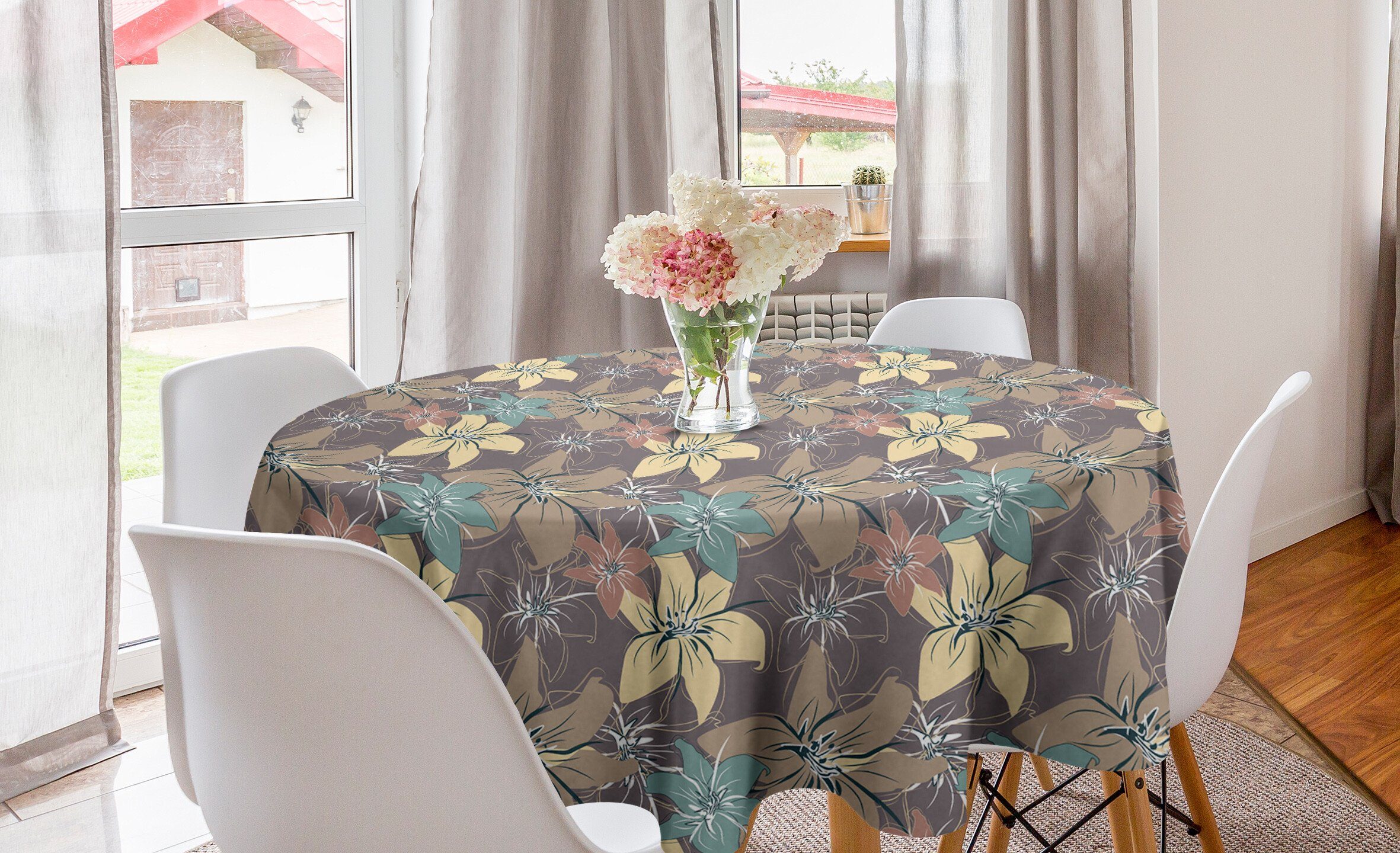 Abakuhaus Tischdecke Kreis Tischdecke Abdeckung für Esszimmer Küche Dekoration, Blumen Blüten im Herbst Farbe