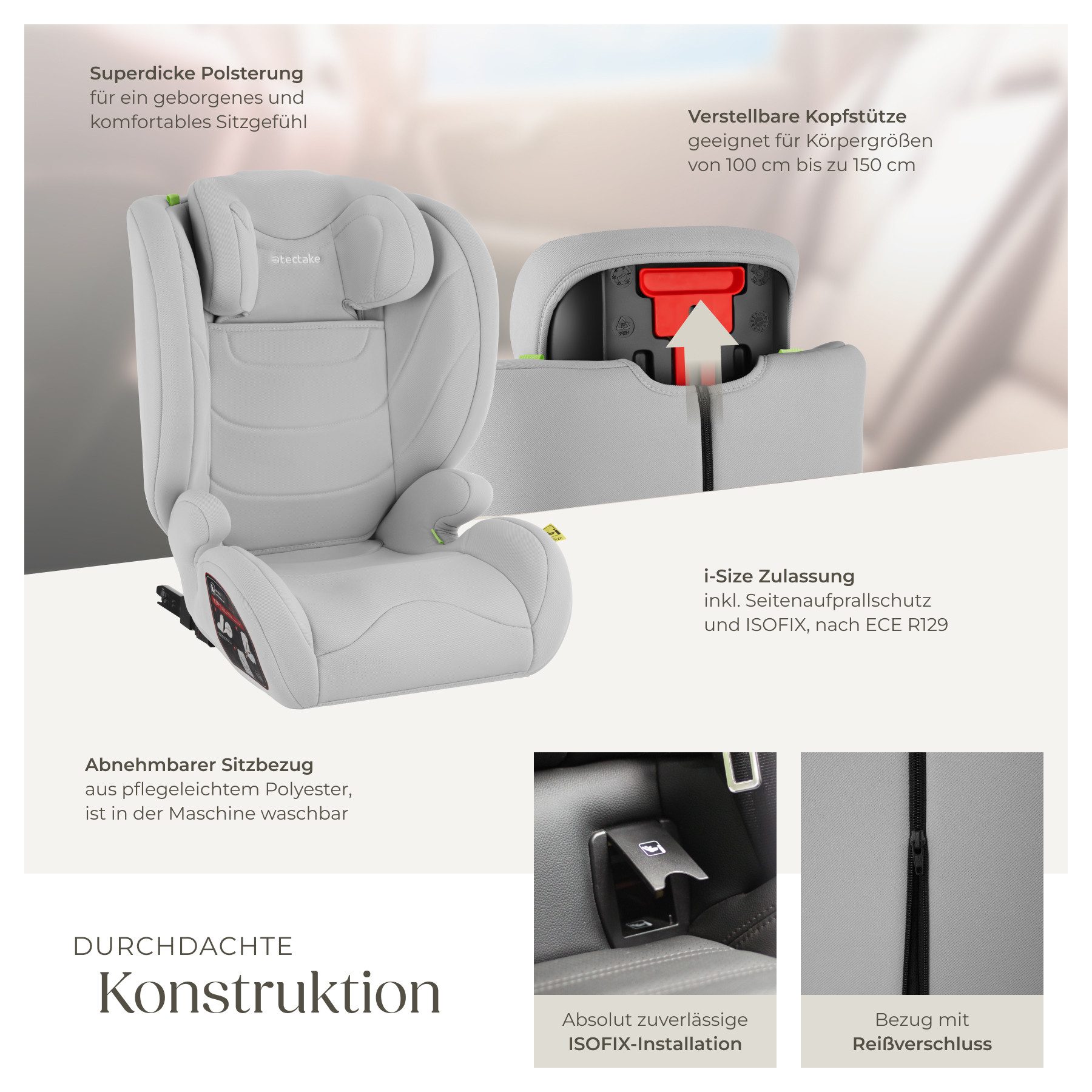tectake Autokindersitz Sicherheitssitz, 100–150 cm, Belastbarkeit 36 kg, (Autositz für Kinder Levi), i-Size, ISOFIX, Seitenaufprallschutz, Kopfstütze verstellbar