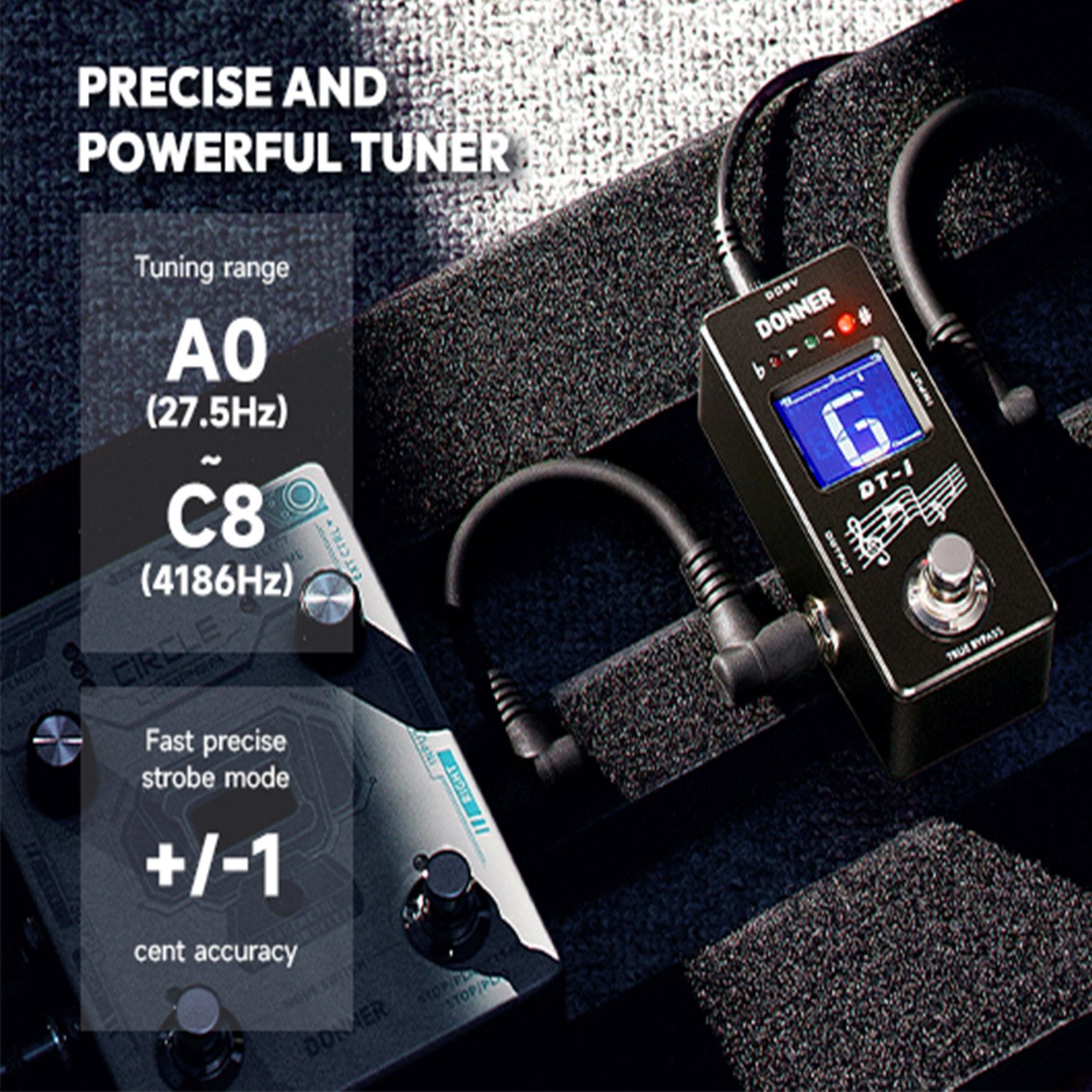 Donner E-Gitarre Tuner-Gitarrenpedal DT-1 Chromatisches Stimmgerät mit Tonhöhenanzeige, mit Tonhöhenanzeige,für E-Gitarre und Bass,Wahrer Bypass