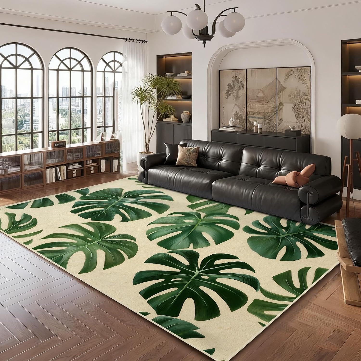 Jumpeak Teppich Teppich mit Monstera‑Blatt Motiv, tropisches Pflanzen‑Design, Rechteckig, Höhe: 5 mm, rutschfest, weich für Wohn‑ und Schlafzimmer