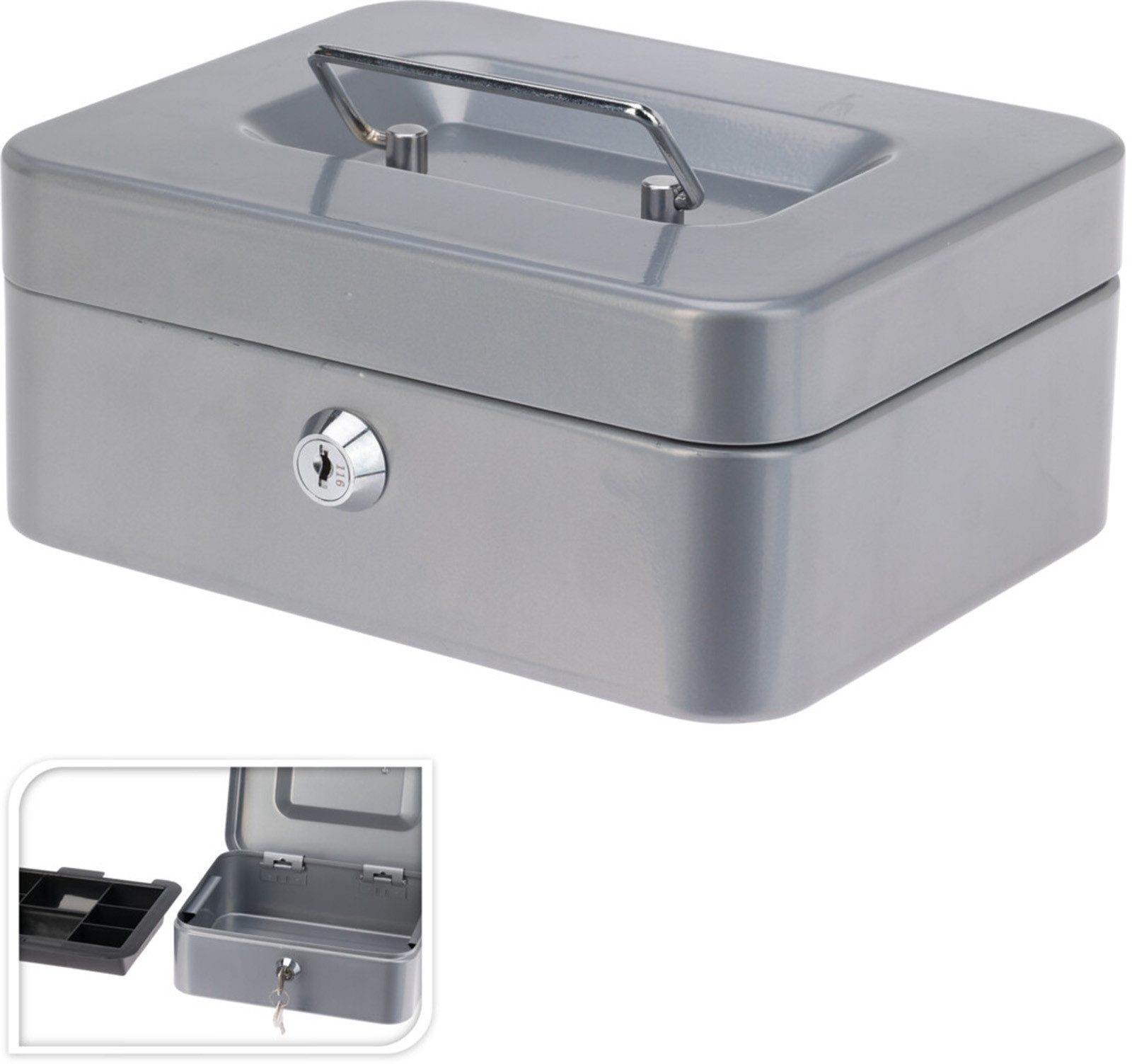 Koopman Geldkassette Bargeldkasse Sparkassette Geldbox 20x19x19 cm Metall Schlüssel (Stück, 1 St., Packung), Grau / Silber, 2 Schlüssel, Münzeinsatz, Abschließbar