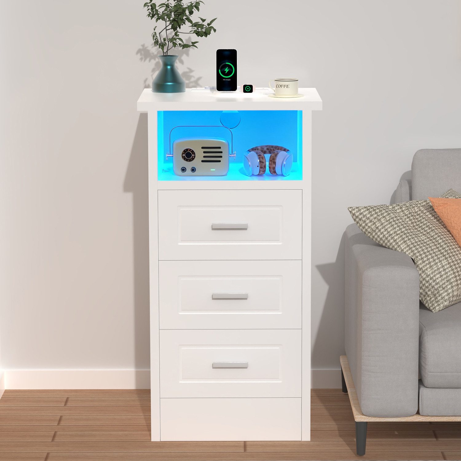 oyajia Nachttisch mit Beleuchtung LED und Ladefunktion USB & Type-C, Nachtschrank mit 2 Schubladen und 1 offener Ablage