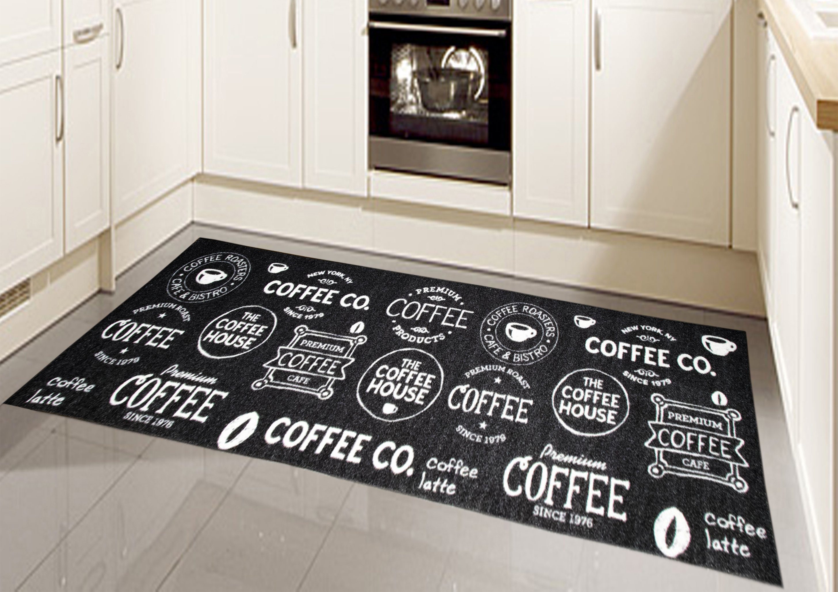 Teppich Teppich Modern Flachgewebe Gel Läufer Küchenteppich Küchenläufer Schwarz  Weiss mit Schriftzug Coffee, Teppich-Traum, rechteckig, Höhe: 5 mm