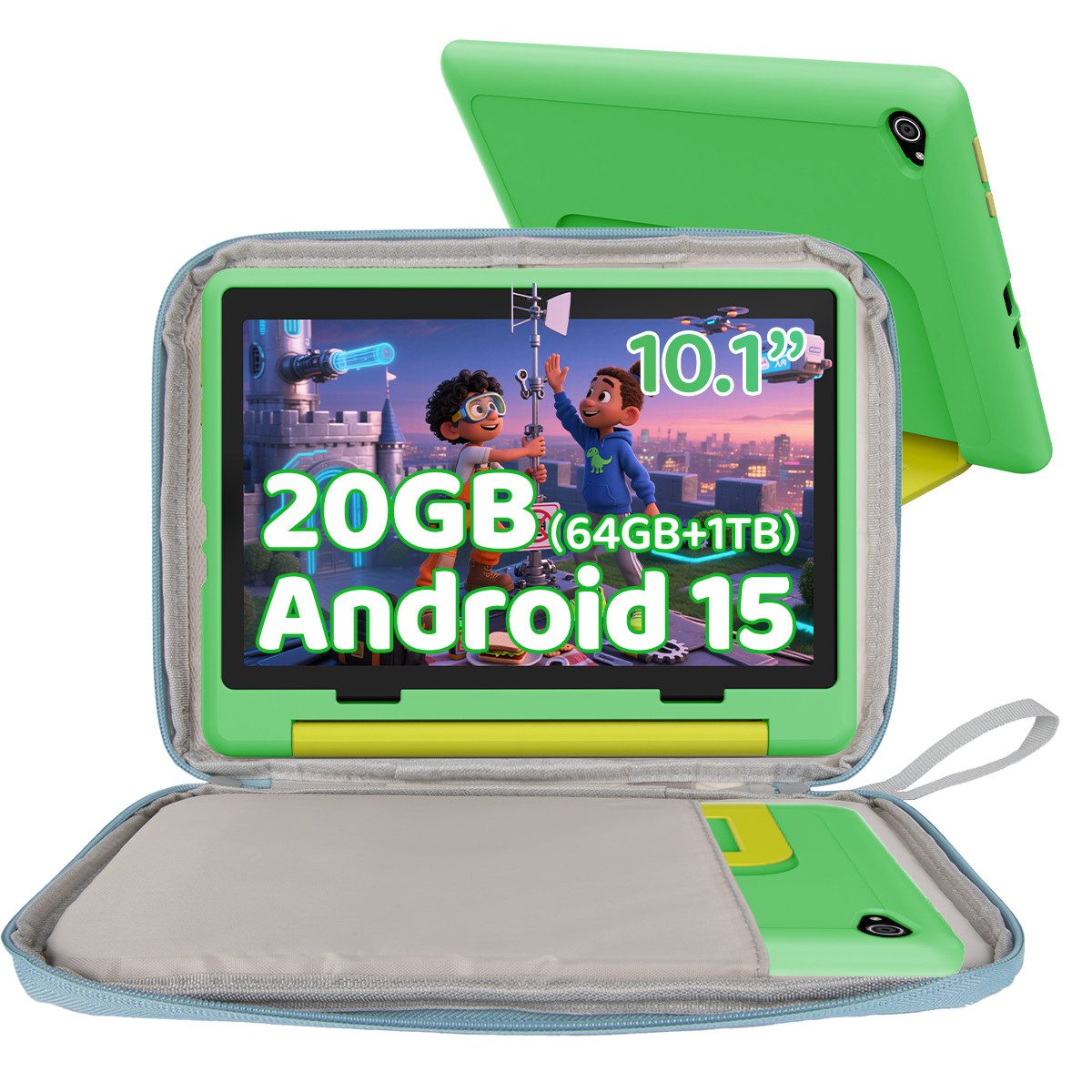 BUFO 10 Zoll 20(3+17)GB RAM+64GB ROM 1280x800 HD-Display Android15 Kinder Tablet (10,1", 64 GB, Android 15, WIFI, Anti-Blaulicht, Vorinstallierte Kinder Lernsoftware, Robustes Design)