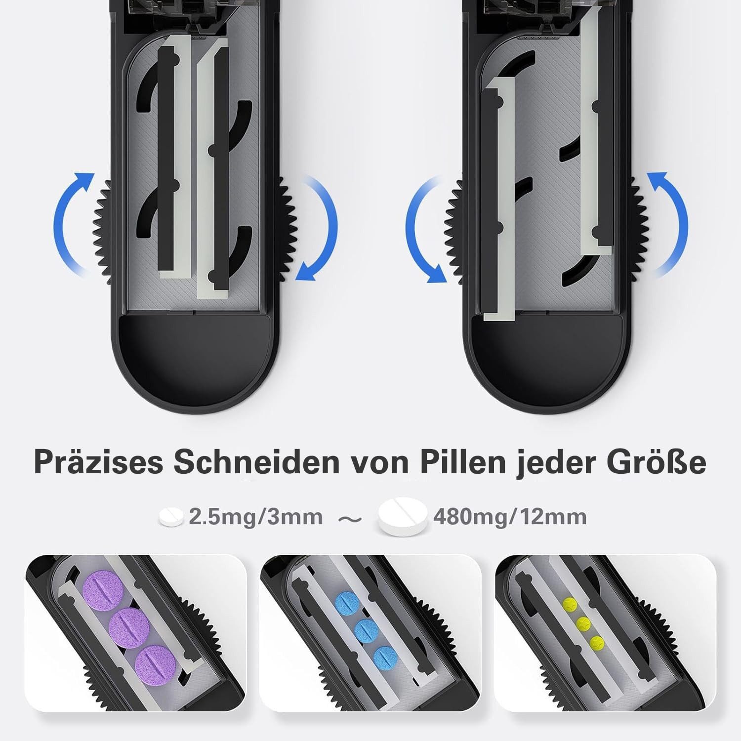 FOUORTUNATE-BEE Verteilerbox Tablettenteiler Edelstahl Pillenschneider für mehrere Tabletten, Pillenteiler mit einstellbaren Fächern Tablettenschneider Schwarz