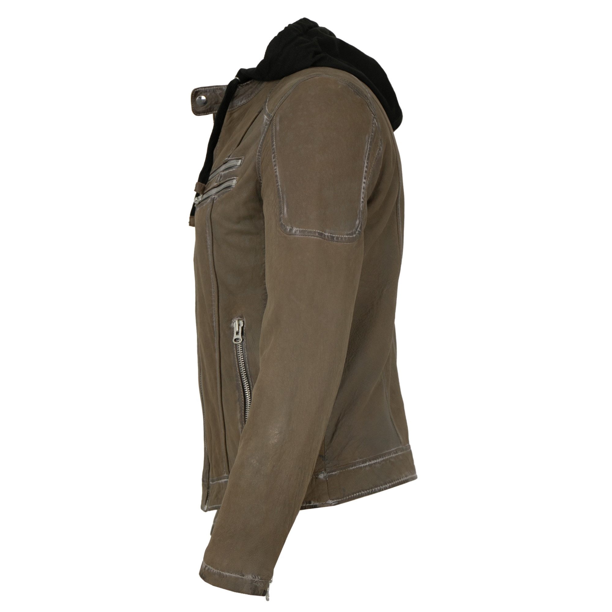 PUNCHBALL Lederjacke Doran Punchball - Herren Lederjacke Kapuze Lammnubuk olive-braun antik