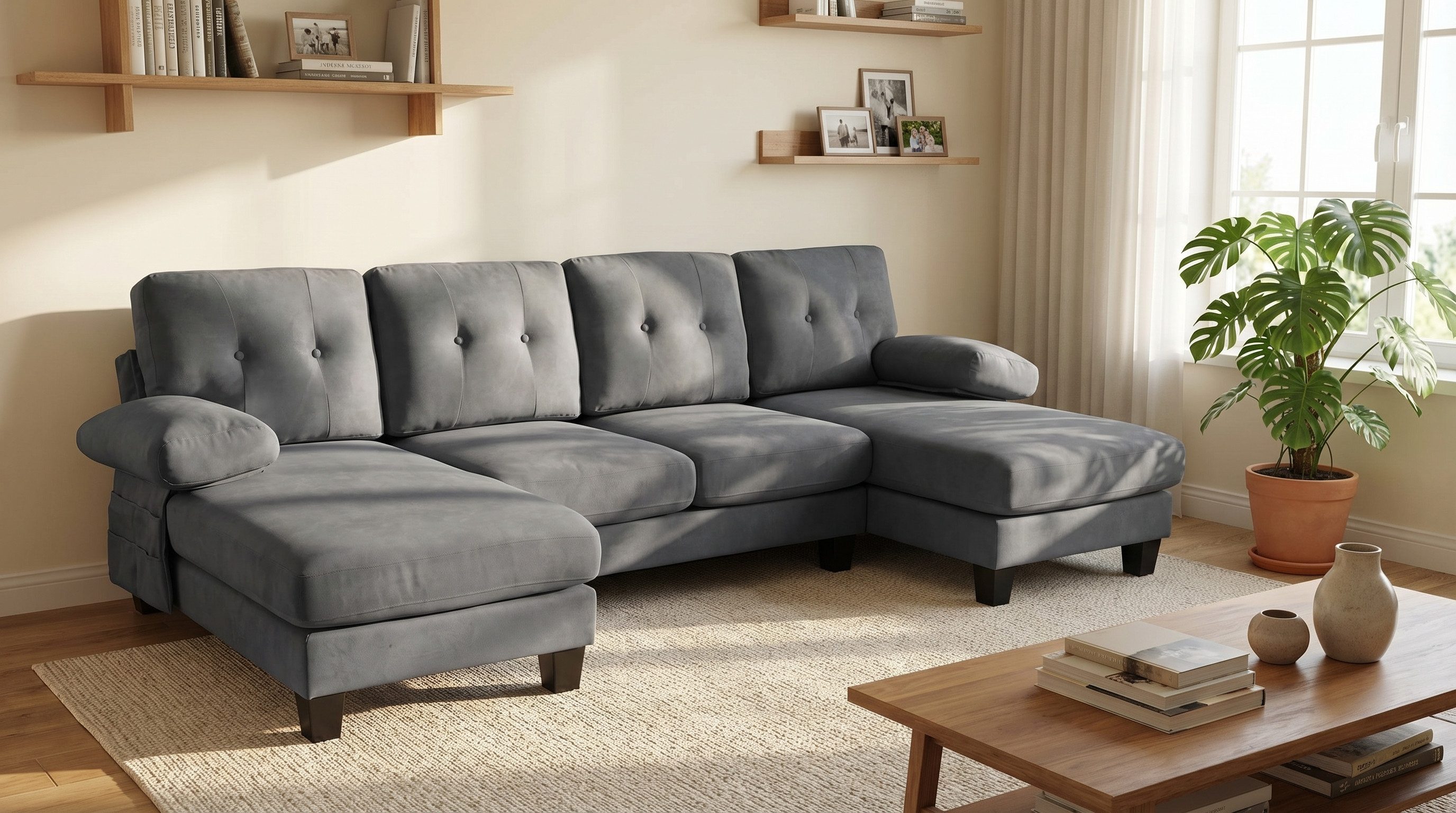GLP Wohnlandschaft XXL Chenille Couch mit Doppel-Liegefläche und Seitentaschen, Set, Wohnlandschaft U-Form mit abnehmbaren Armlehnen