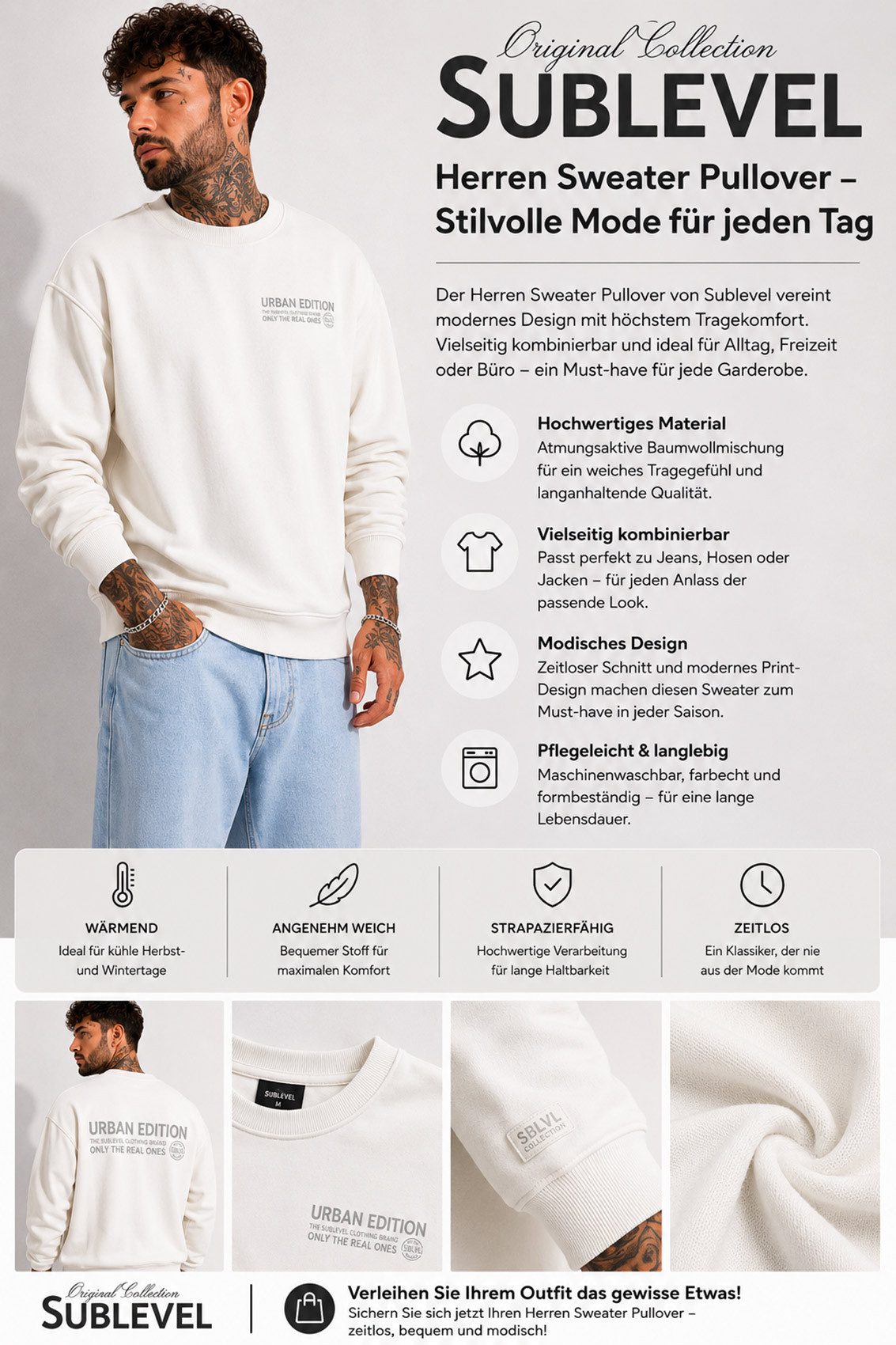 SUBLEVEL Sweatshirt Pullover Herren Sweater Sweatshirt Rundhals Perfekte Passform Hochwertige Verarbeitung, Angenehm weich & bequem