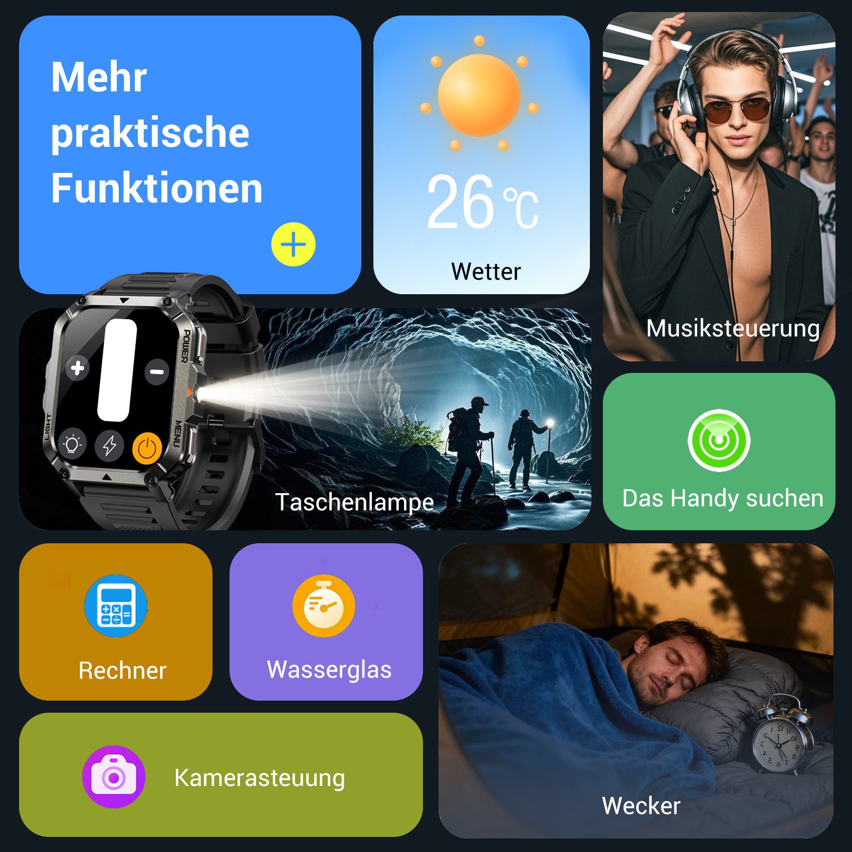 blackview Robuste Smartwatch Herren, 900mAh Akku( 20 Tage) , Bluetooth Telefonie Smartwatch (2.01 Zoll, iOS&Andriod) Packung, 1-tlg., mit Nylon-Armband & weichemSilikon und Ladekabel, Kompass,LED-Taschenlampe,Herzfrequenz,SpO₂,Schlafanalyse,Schrittzähler
