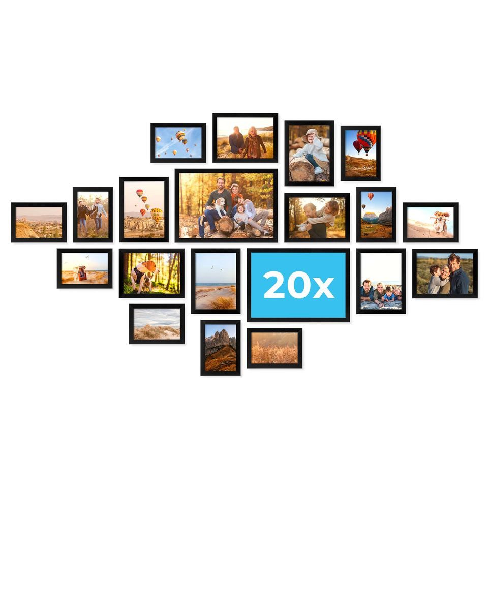 PHOTOLINI Bilderrahmen Sets in verschiedenen Formaten, MDF Holz, Acrylglas & Zubehör, für 20 Bilder (20er Set), Posterrahmen 20er Set No.1 zum Aufhängen oder Aufstellen