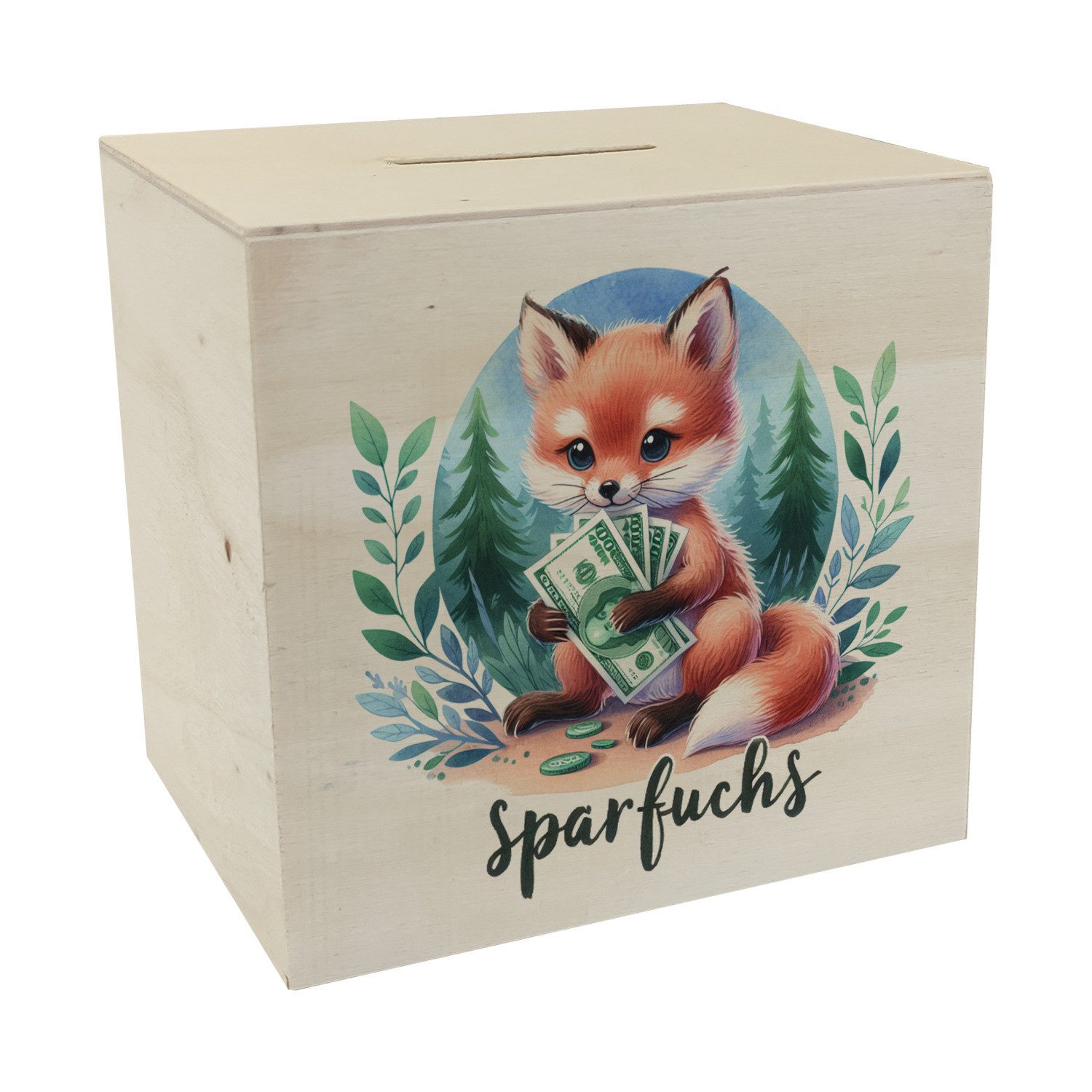 Spardose Babyfuchs Spardose aus Holz mit Spruch Sparfuchs
