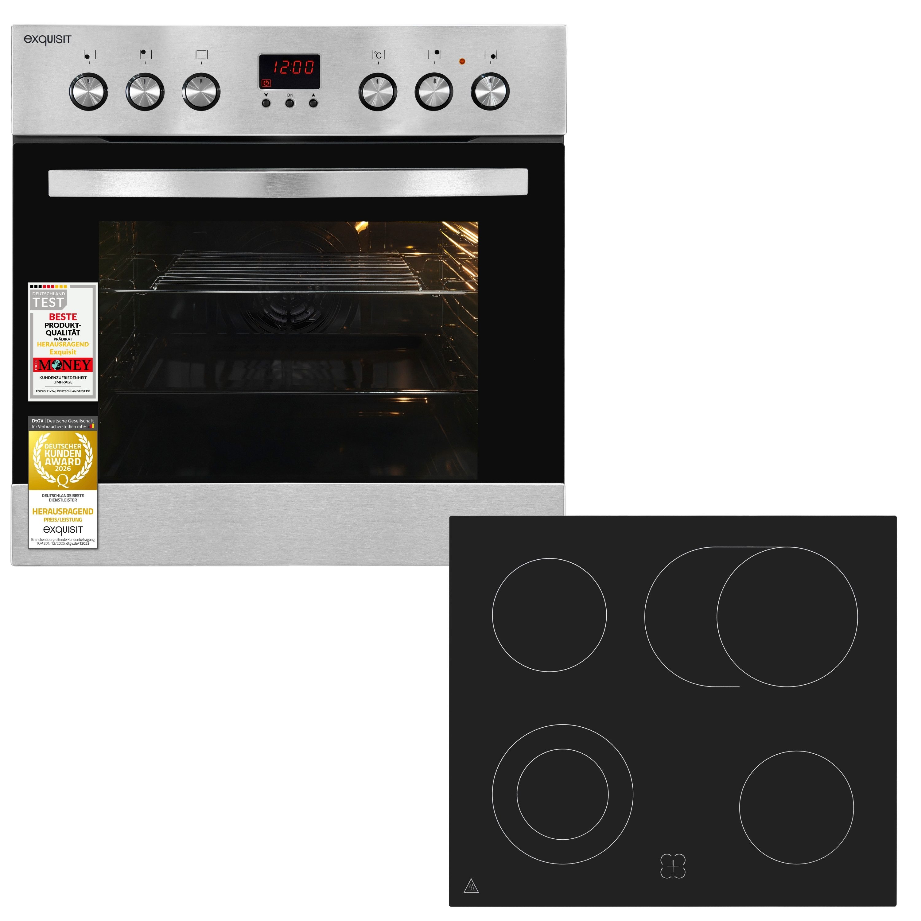 exquisit Backofen-Set EHE5185-1.3-Set, mit Teleskopauszug nachrüstbar, 4 Strahlungszonen, 9 Funktionen, 58 l Garraumvolumen