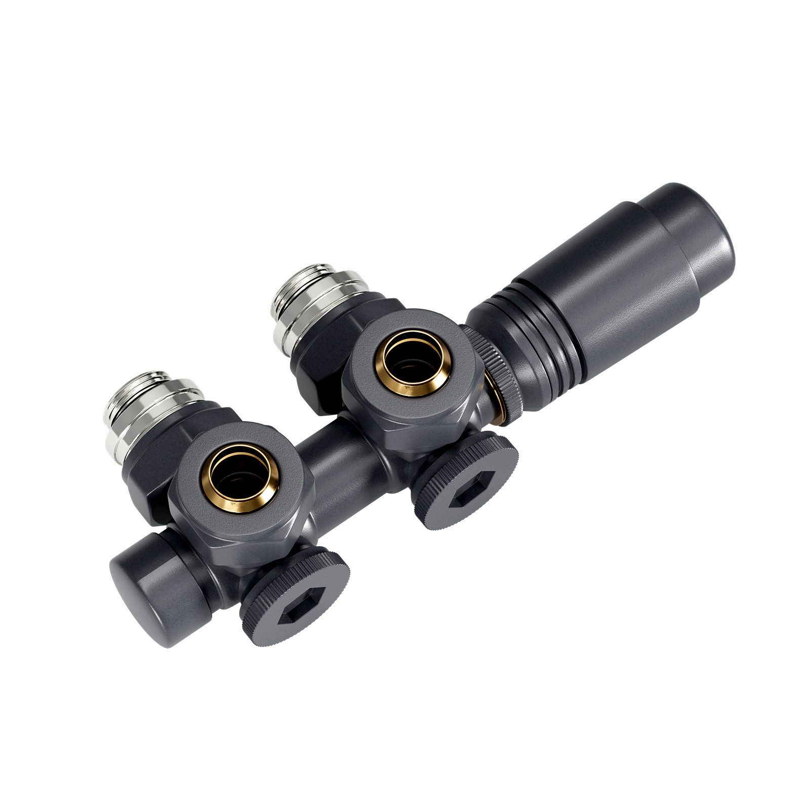 MEYKOERS Heizkörperthermostat Mittelanschluss-Set Multiblock für Badheizkörper Eck Durchgangsform, Thermostatventil Heizkörperventil G1/2 für Ø15/16 mm Anschluss