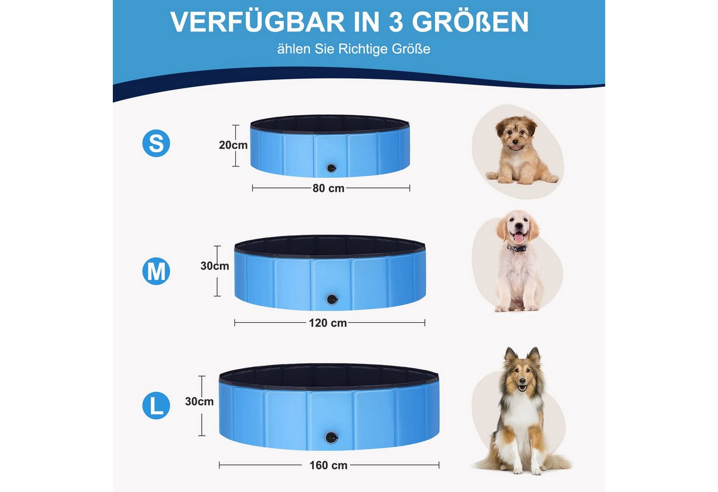 Thumbnail - BlingBin Hundepool Swimmingpool Faltbarer Pool für Hunde, Hundebadewanne Ø 80/120/160 cm, (1er Set, 1-tlg., Hundepool 80...
